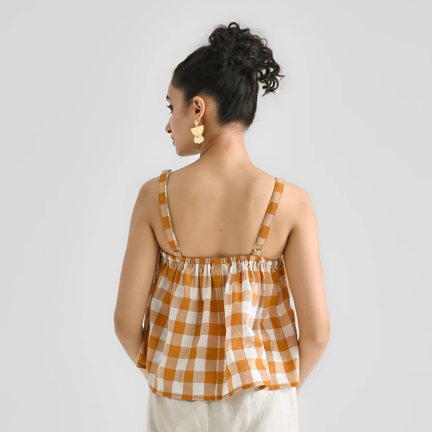 Mustard Woven Cotton Crop Top with Adjustable Strap Detail - Image 7