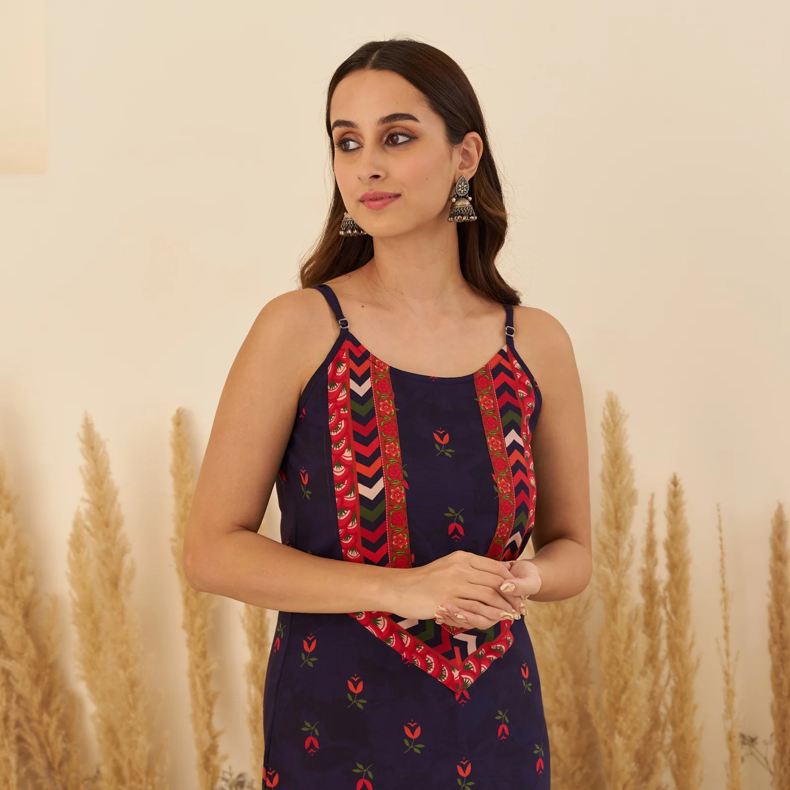Navy Blue A-Line Spaghetti Dress with Floral Shrug - Image 10