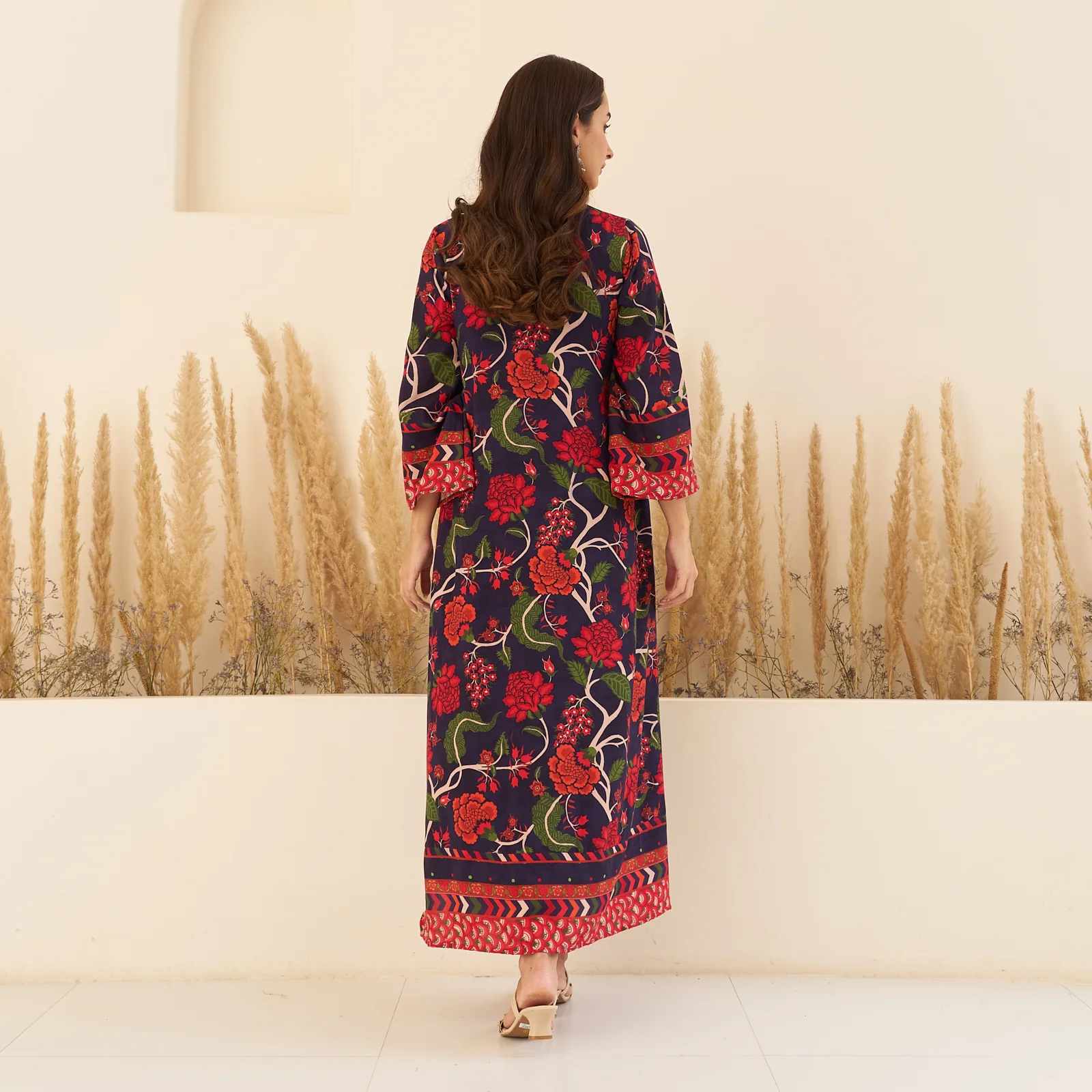 Navy Blue A-Line Spaghetti Dress with Floral Shrug - Image 5