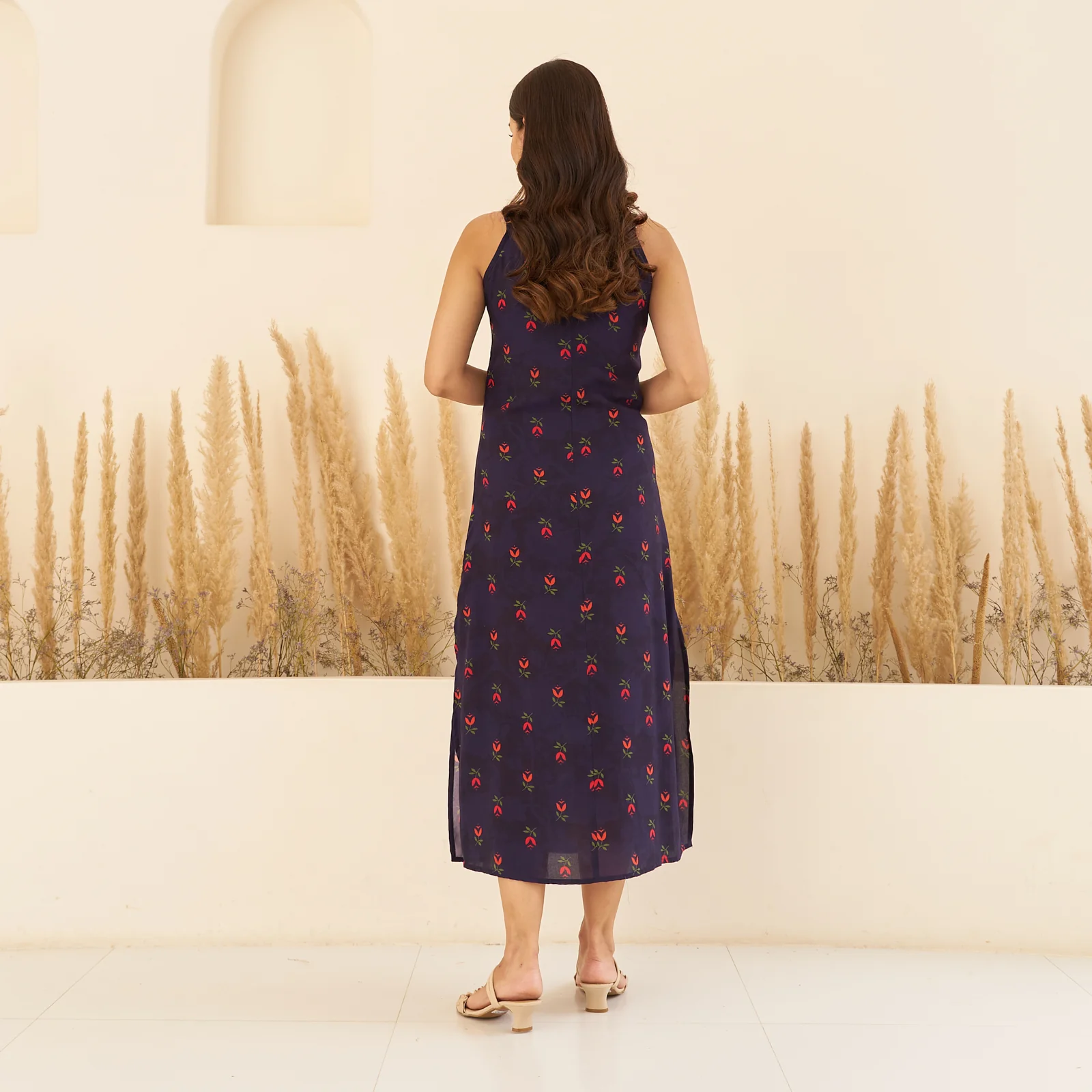 Navy Blue A-Line Spaghetti Dress with Floral Shrug - Image 6