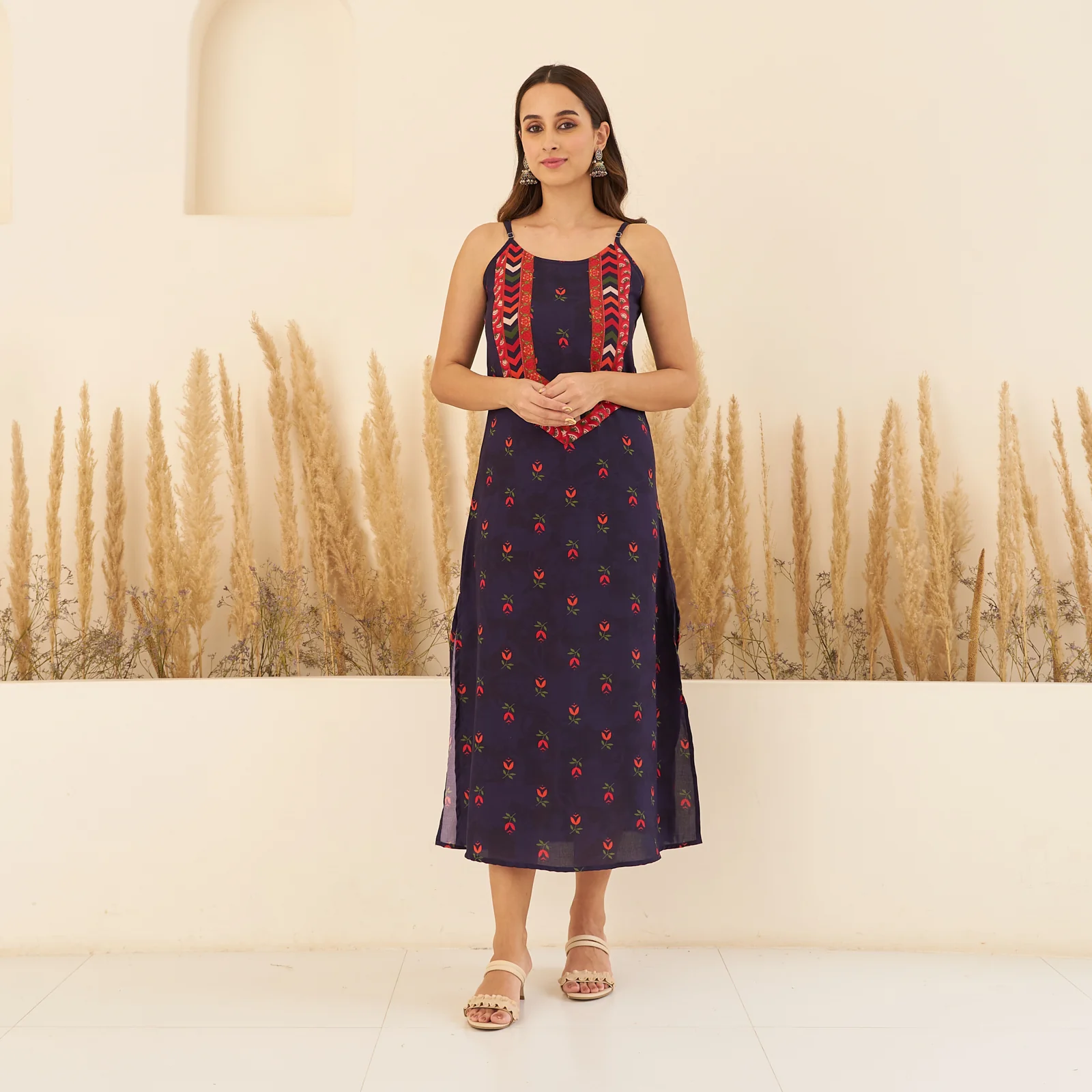 Navy Blue A-Line Spaghetti Dress with Floral Shrug - Image 7