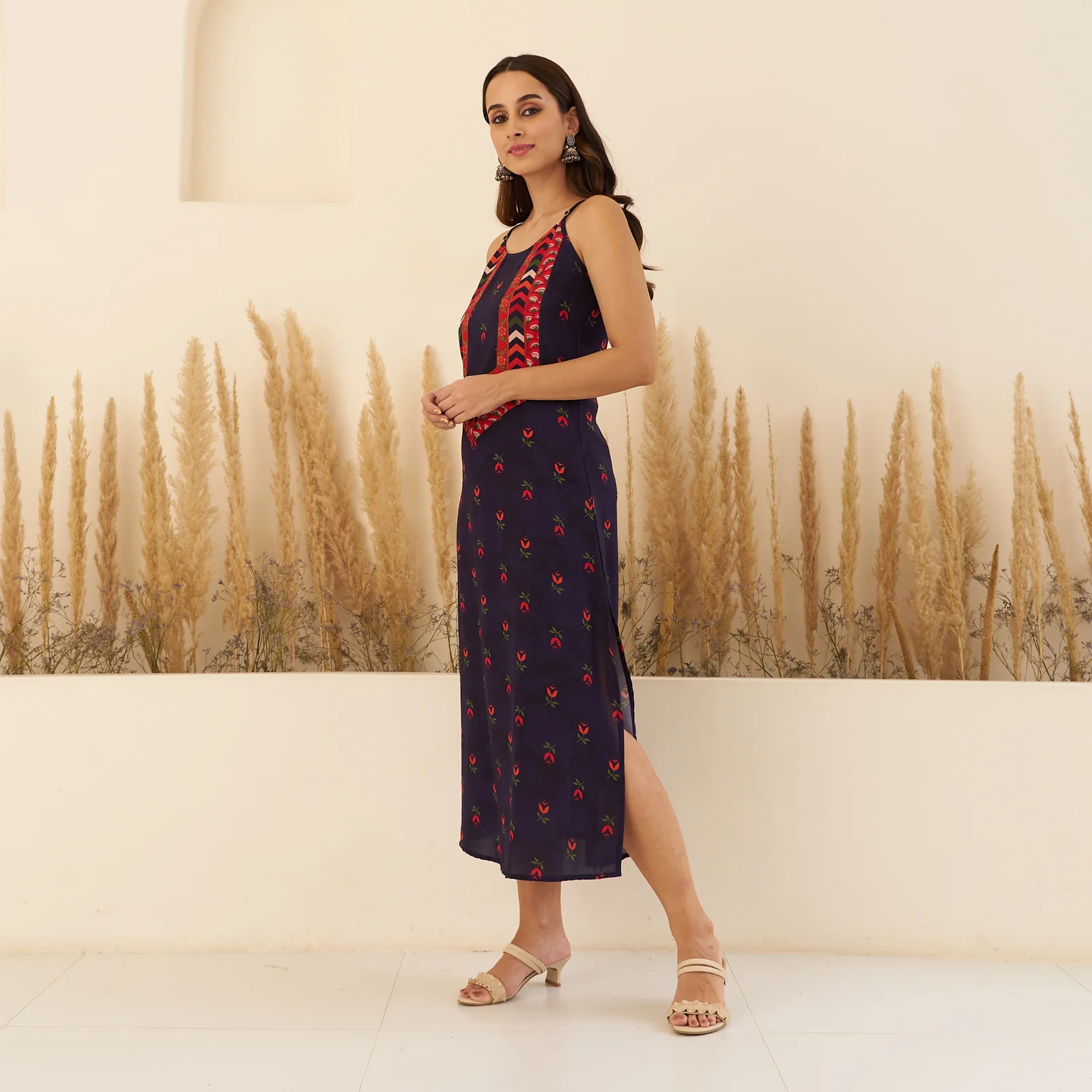 Navy Blue A-Line Spaghetti Dress with Floral Shrug - Image 8