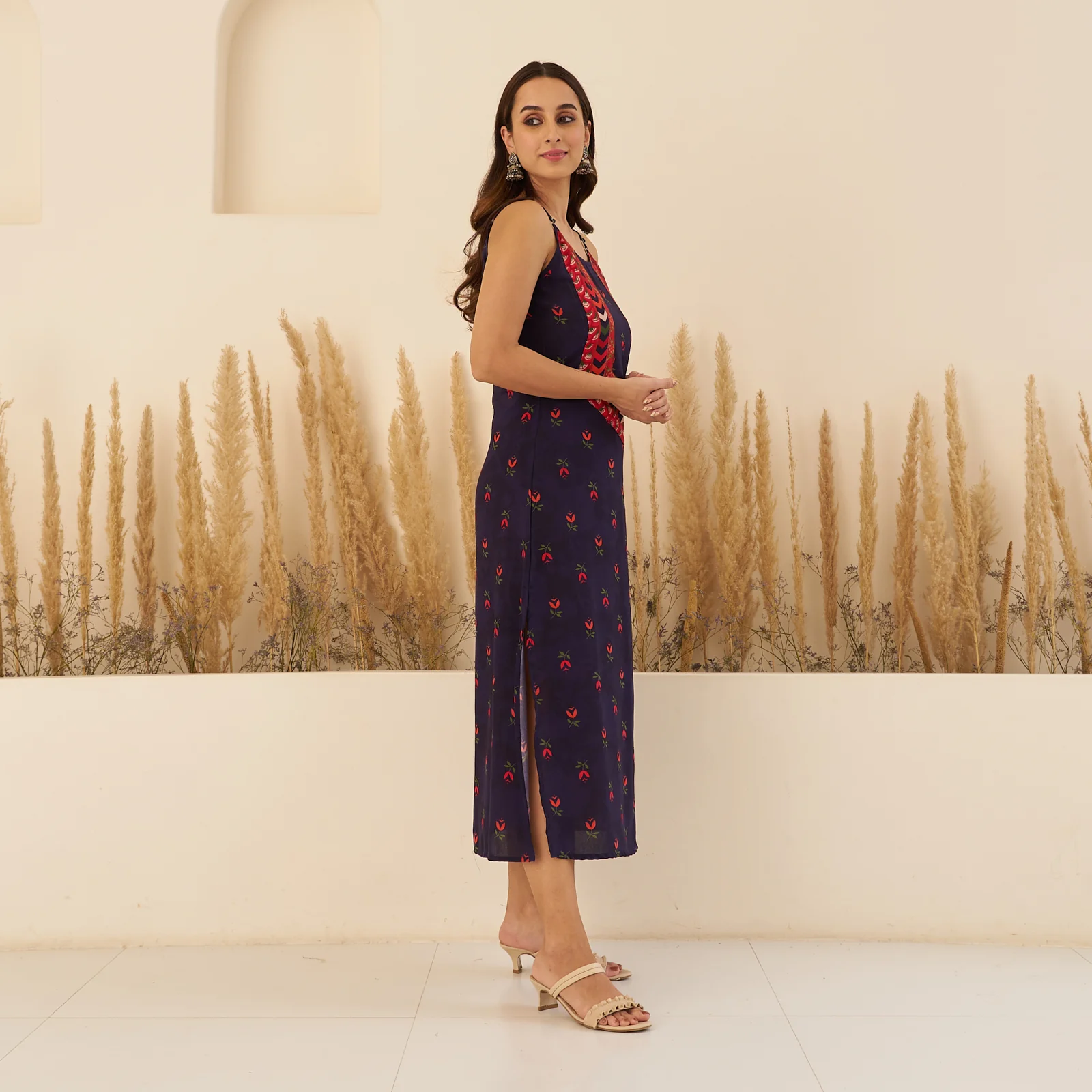 Navy Blue A-Line Spaghetti Dress with Floral Shrug - Image 9