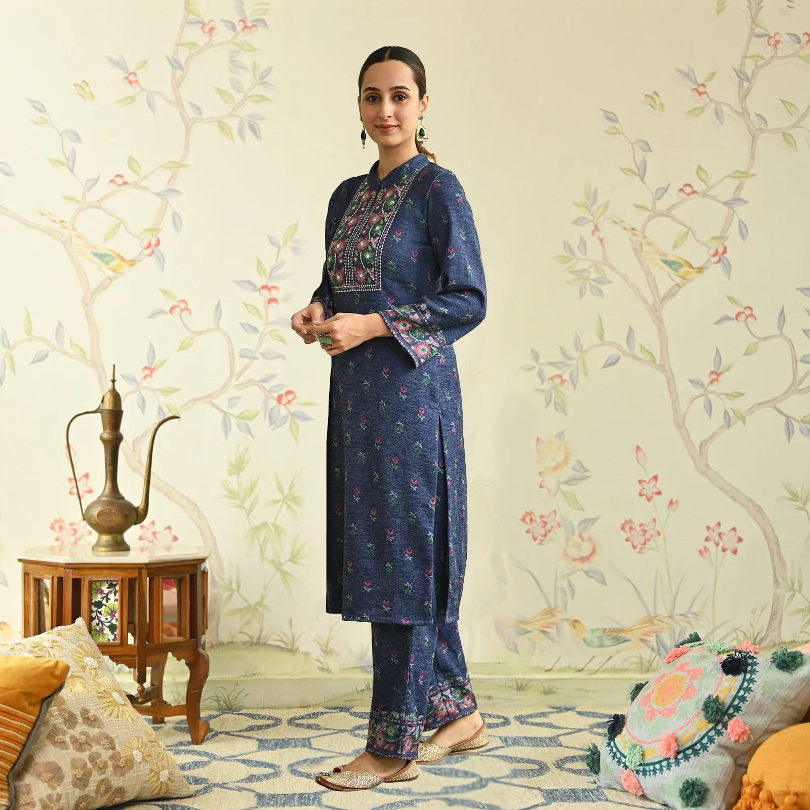 Navy Blue Embroidered & Floral Printed Woollen Kurta Pant Set - Image 3