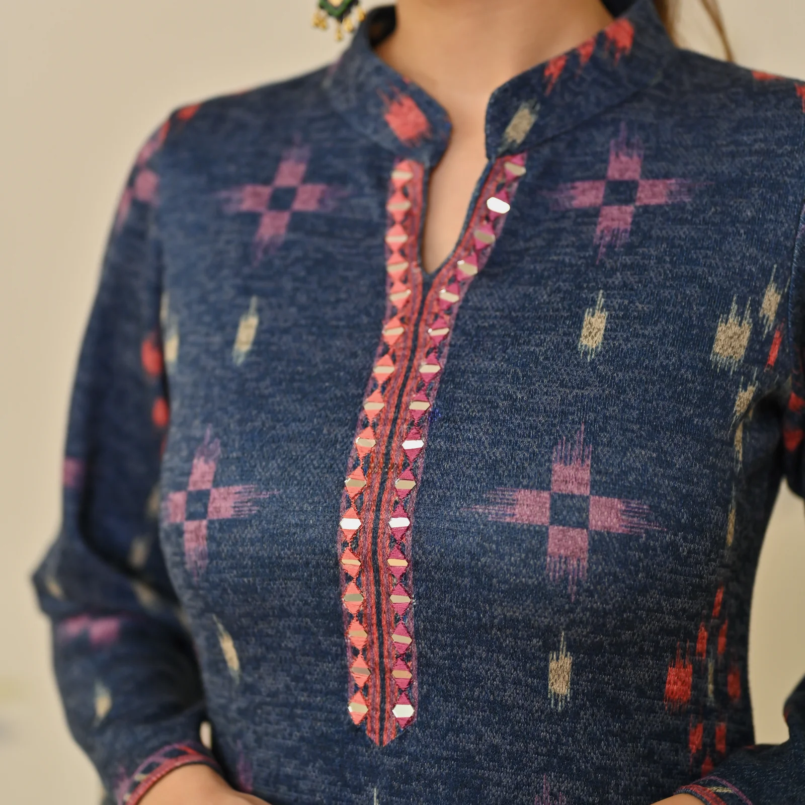 Navy Blue Embroidered & Ikat Printed Woollen Kurta Pant Set - Image 2