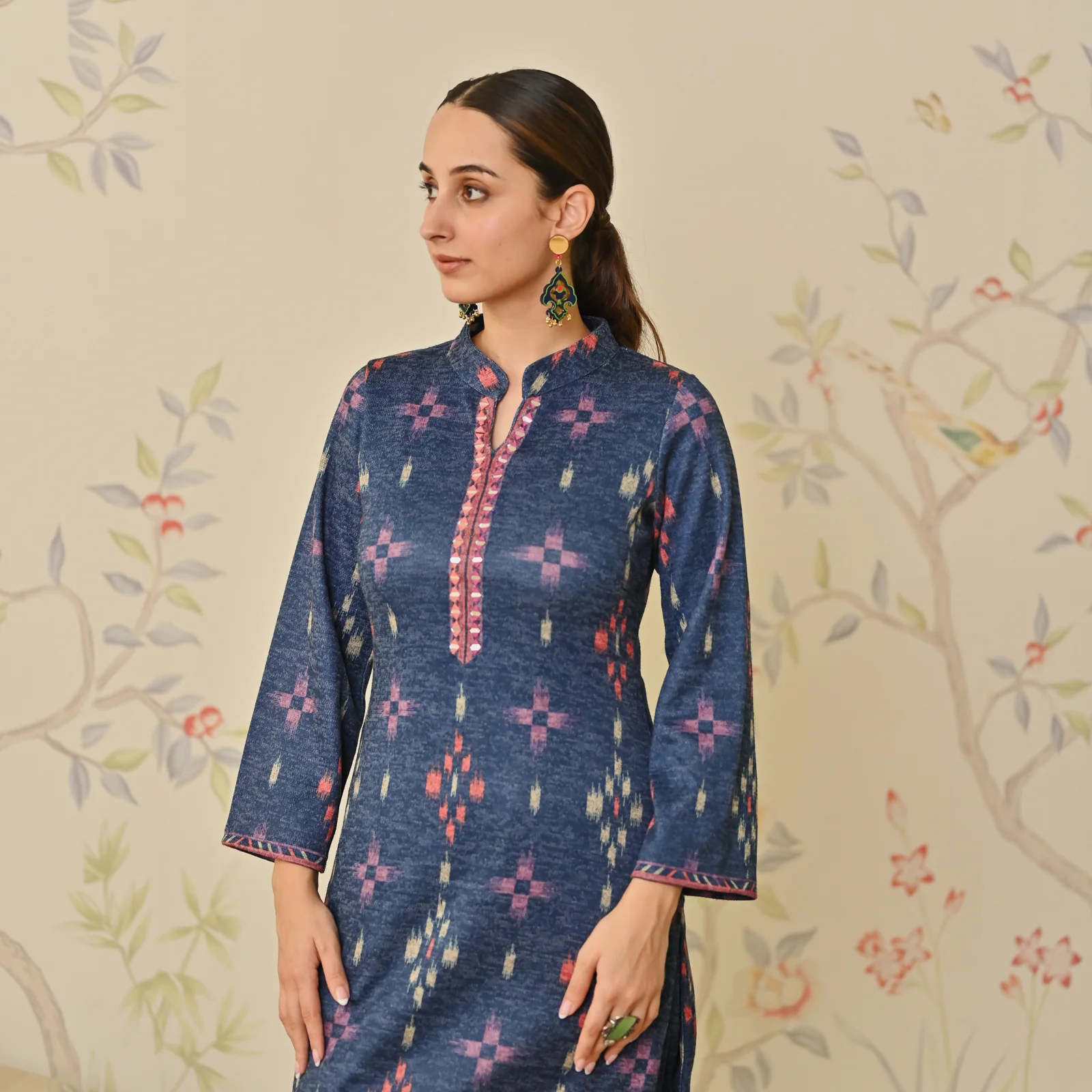 Navy Blue Embroidered & Ikat Printed Woollen Kurta Pant Set - Image 3