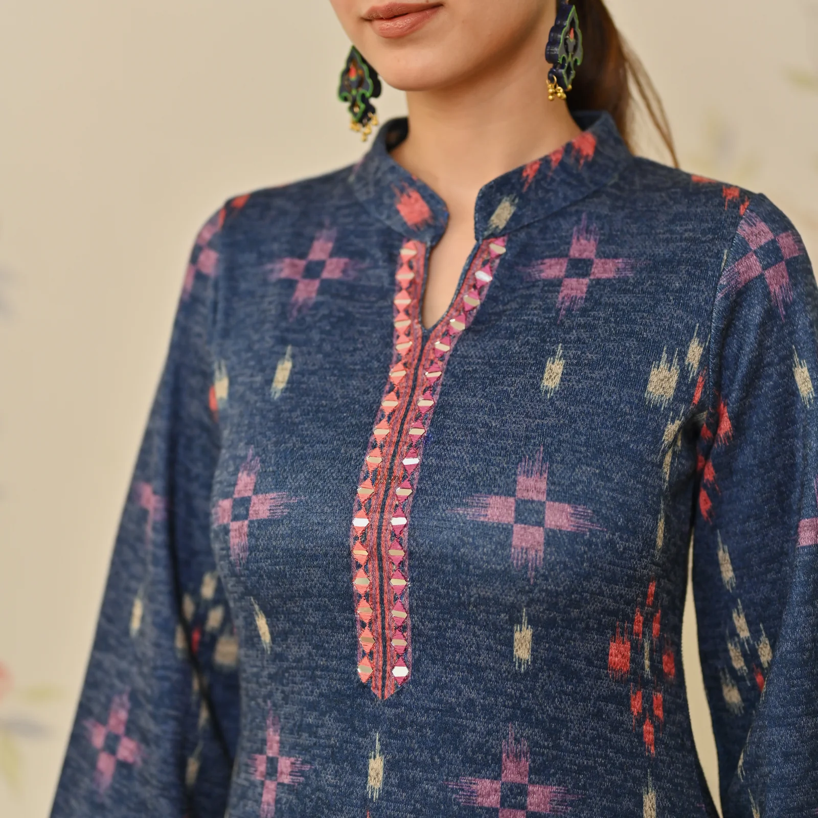 Navy Blue Embroidered & Ikat Printed Woollen Kurta Pant Set - Image 4