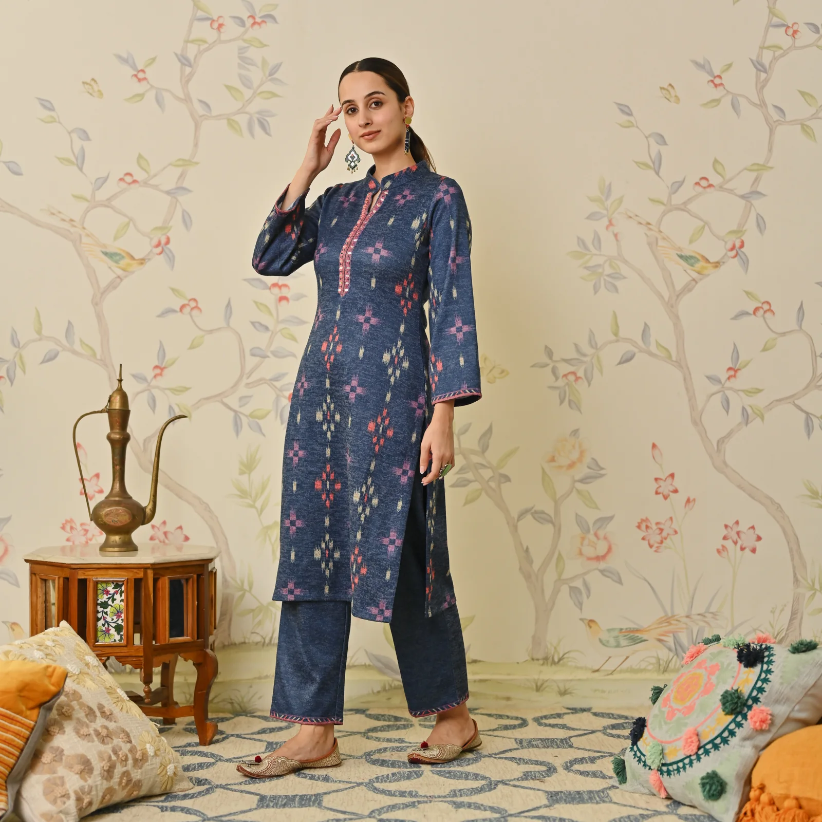 Navy Blue Embroidered & Ikat Printed Woollen Kurta Pant Set - Image 5