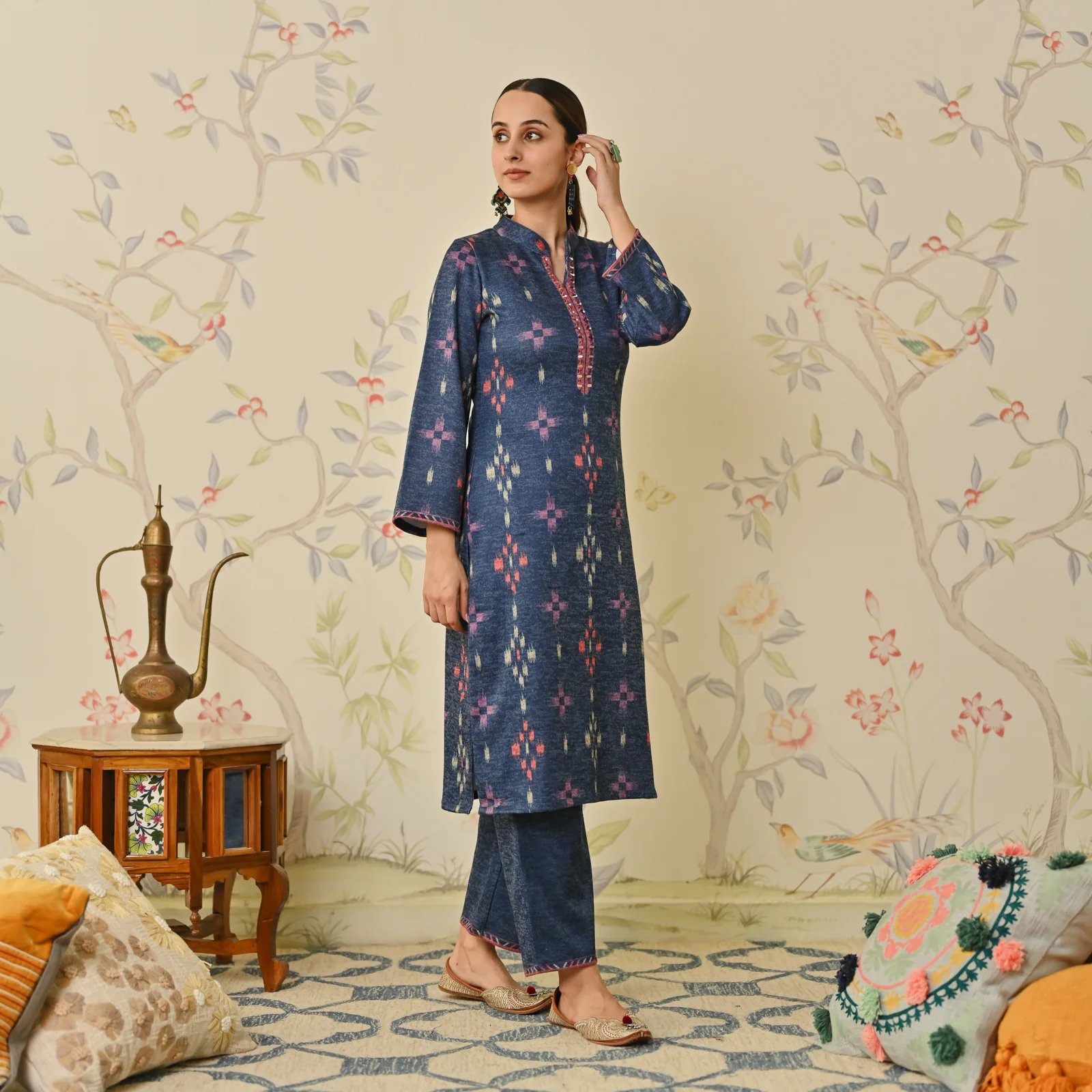 Navy Blue Embroidered & Ikat Printed Woollen Kurta Pant Set - Image 6