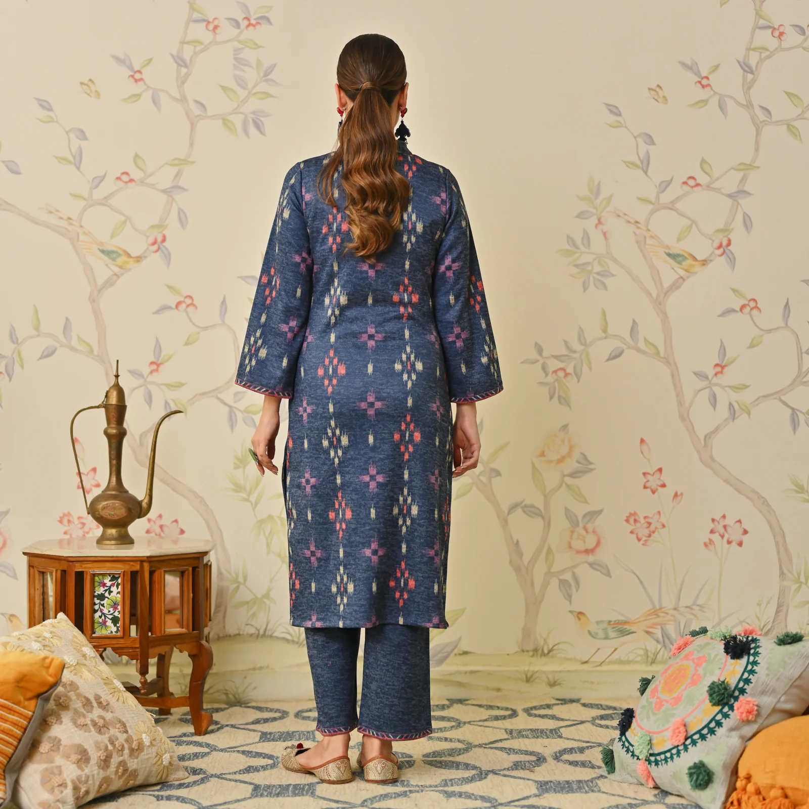 Navy Blue Embroidered & Ikat Printed Woollen Kurta Pant Set - Image 7