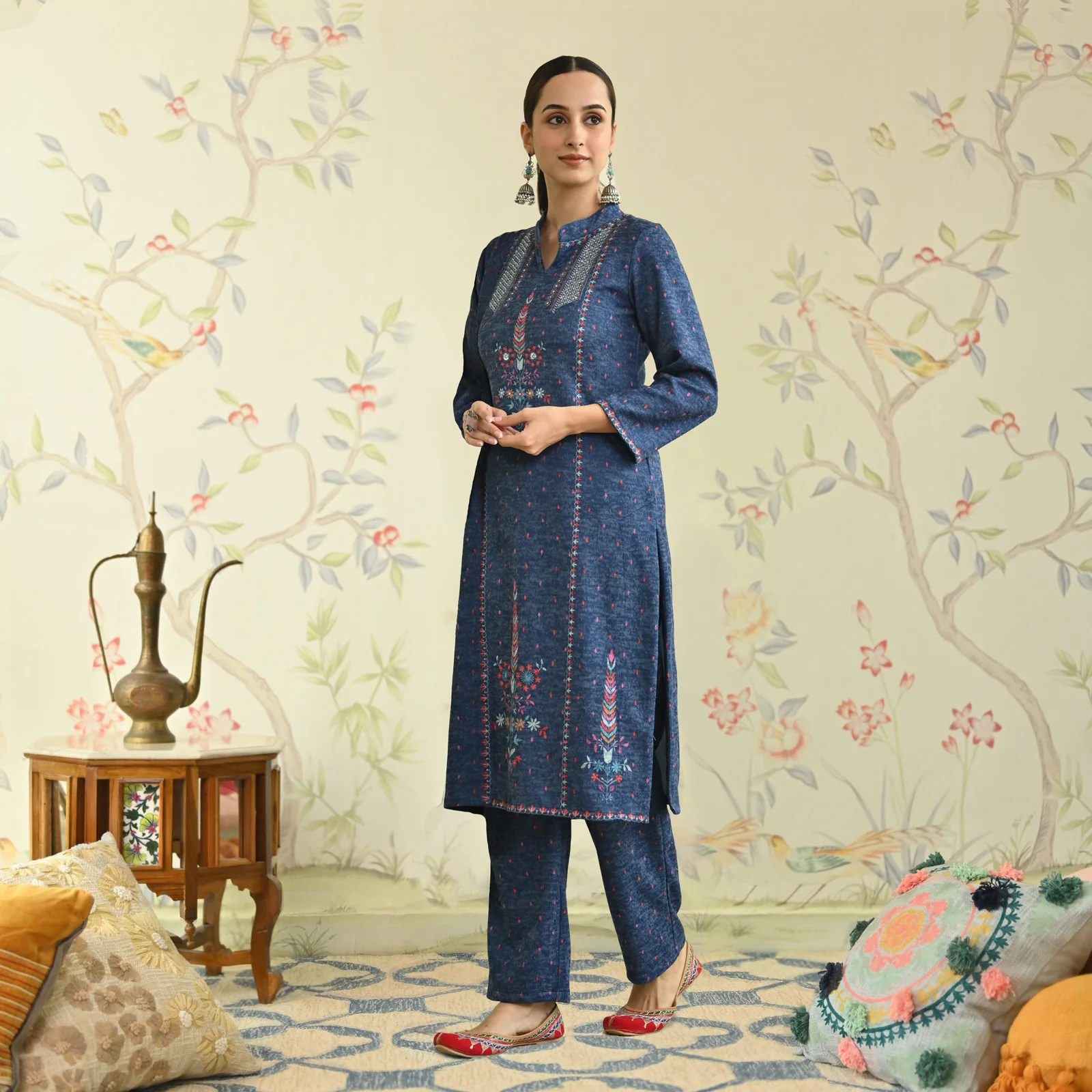Navy Blue Embroidered Woollen Kurta - Image 4