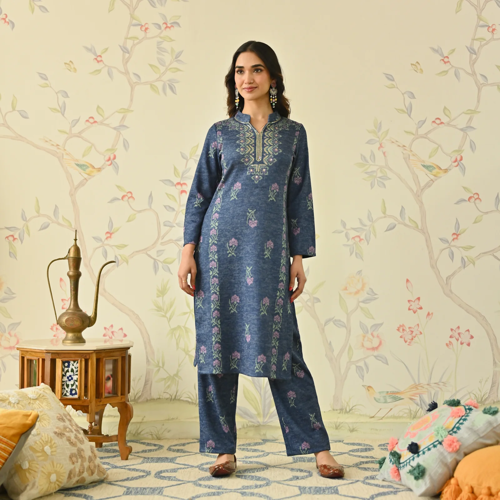 Navy Blue Embroidered Woollen Kurta - Image 6