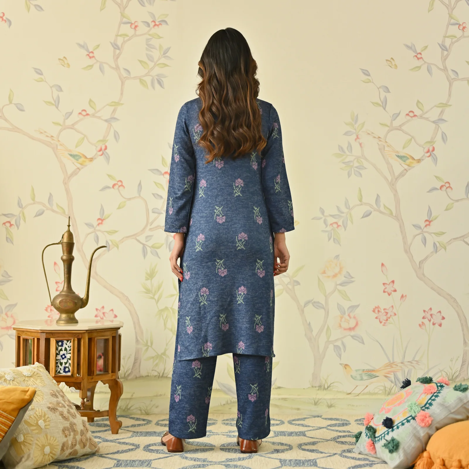 Navy Blue Embroidered Woollen Kurta - Image 8