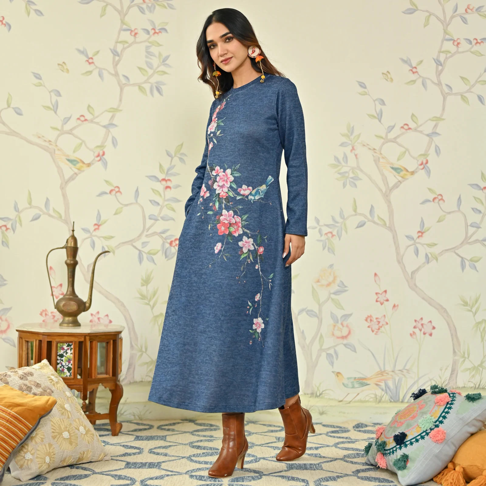 Navy Blue Floral A-line Woollen Dress - Image 3