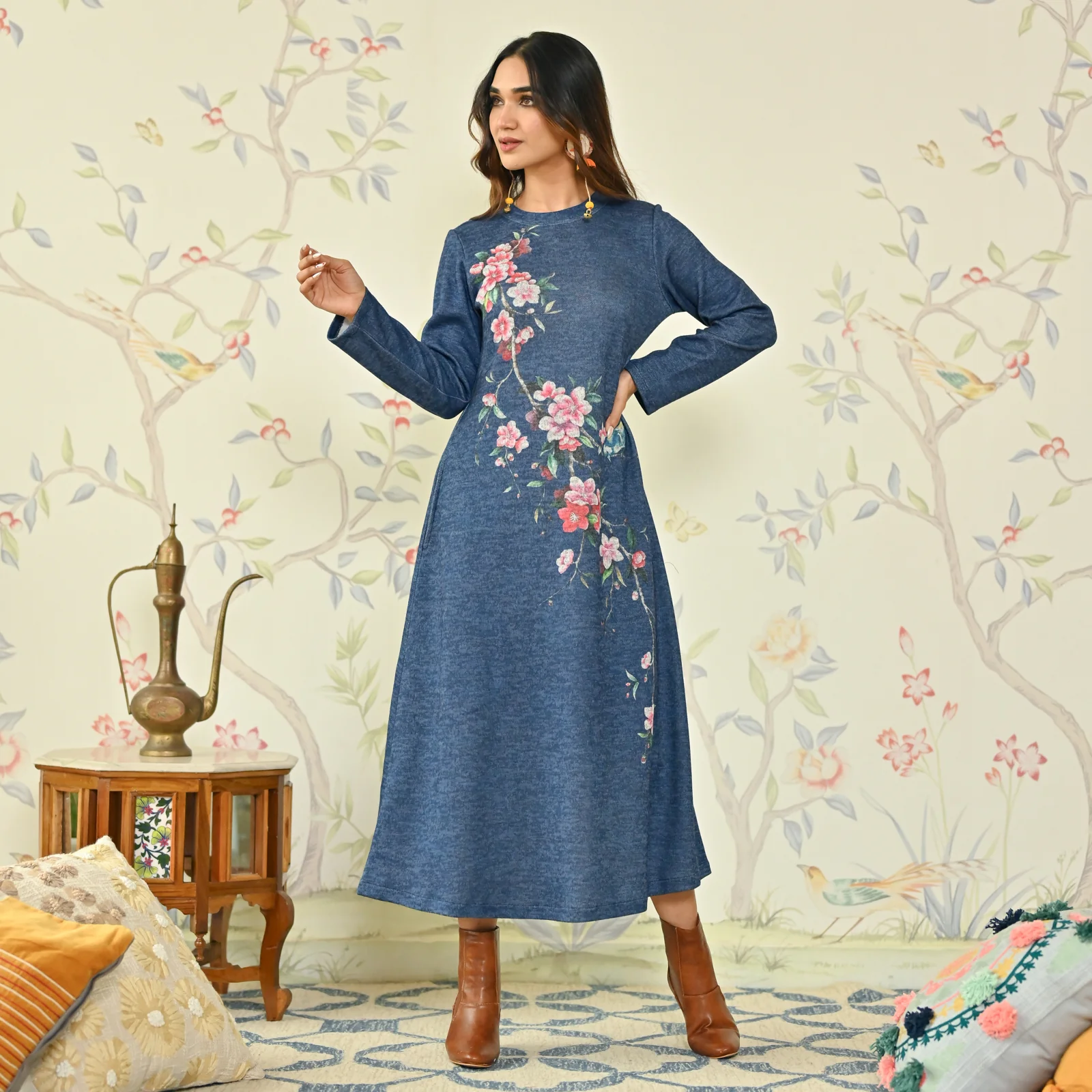 Navy Blue Floral A-line Woollen Dress - Image 4