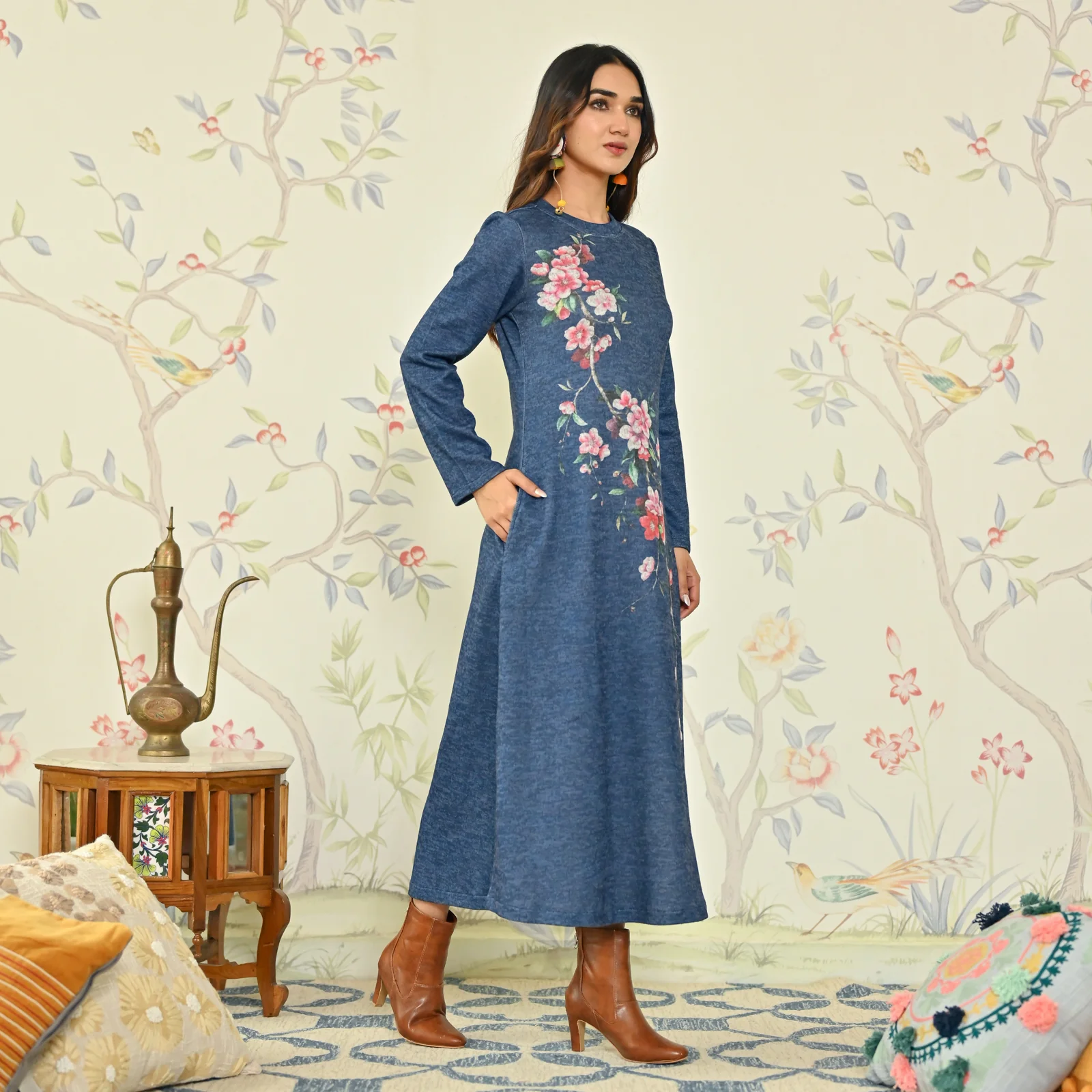 Navy Blue Floral A-line Woollen Dress - Image 5