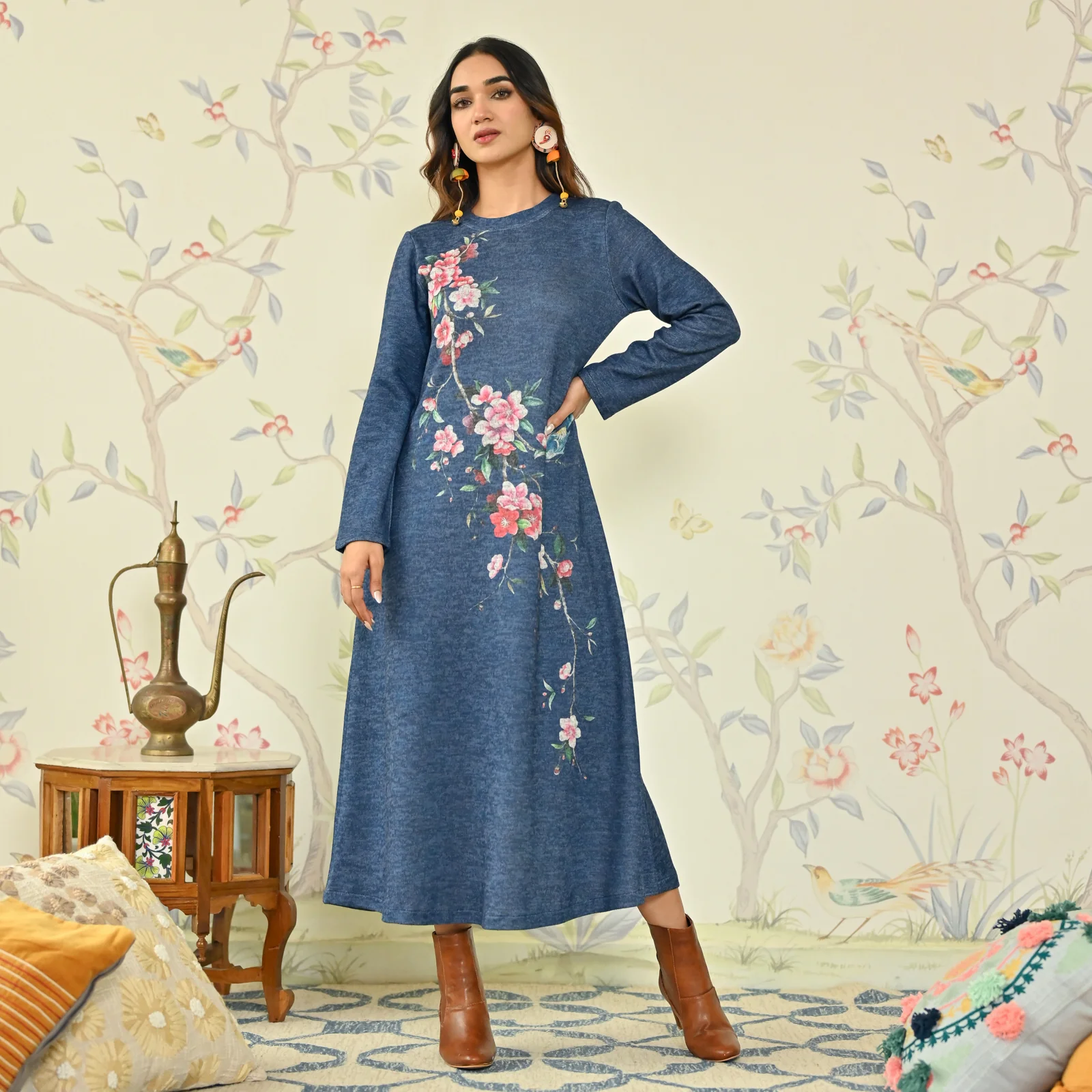Navy Blue Floral A-line Woollen Dress - Image 6