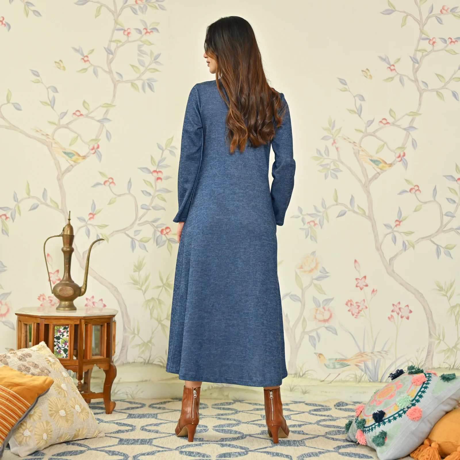Navy Blue Floral A-line Woollen Dress - Image 7