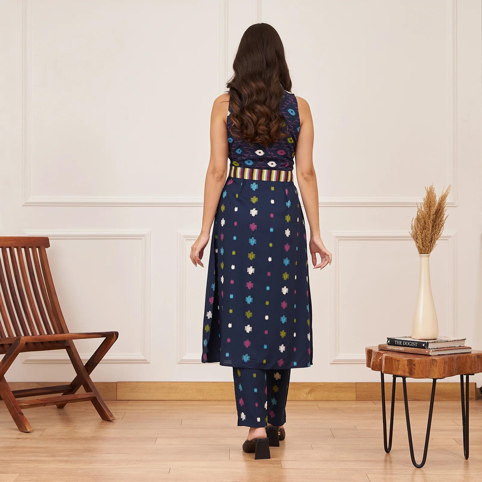Navy Blue Ikat Inspired Kurta Pant Co-ord Set with Belt - Image 6
