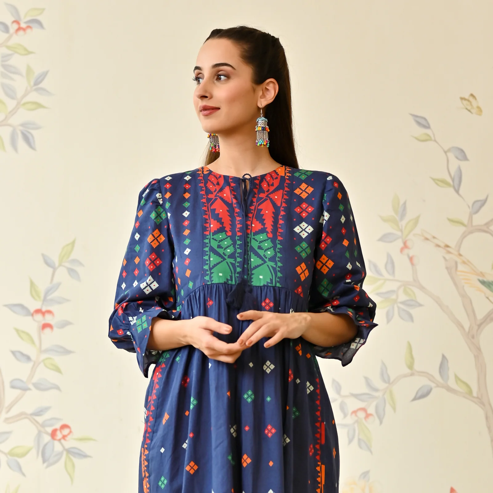 Navy Blue Jamdani Inspired Cotton Dress with Front Tie Up Detail - Image 2