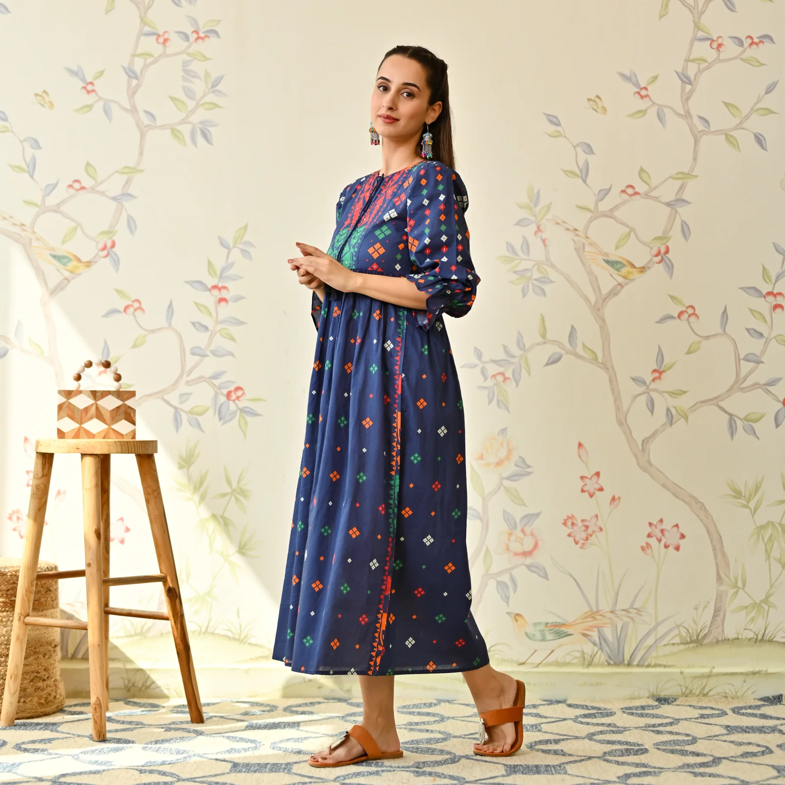 Navy Blue Jamdani Inspired Cotton Dress with Front Tie Up Detail - Image 3
