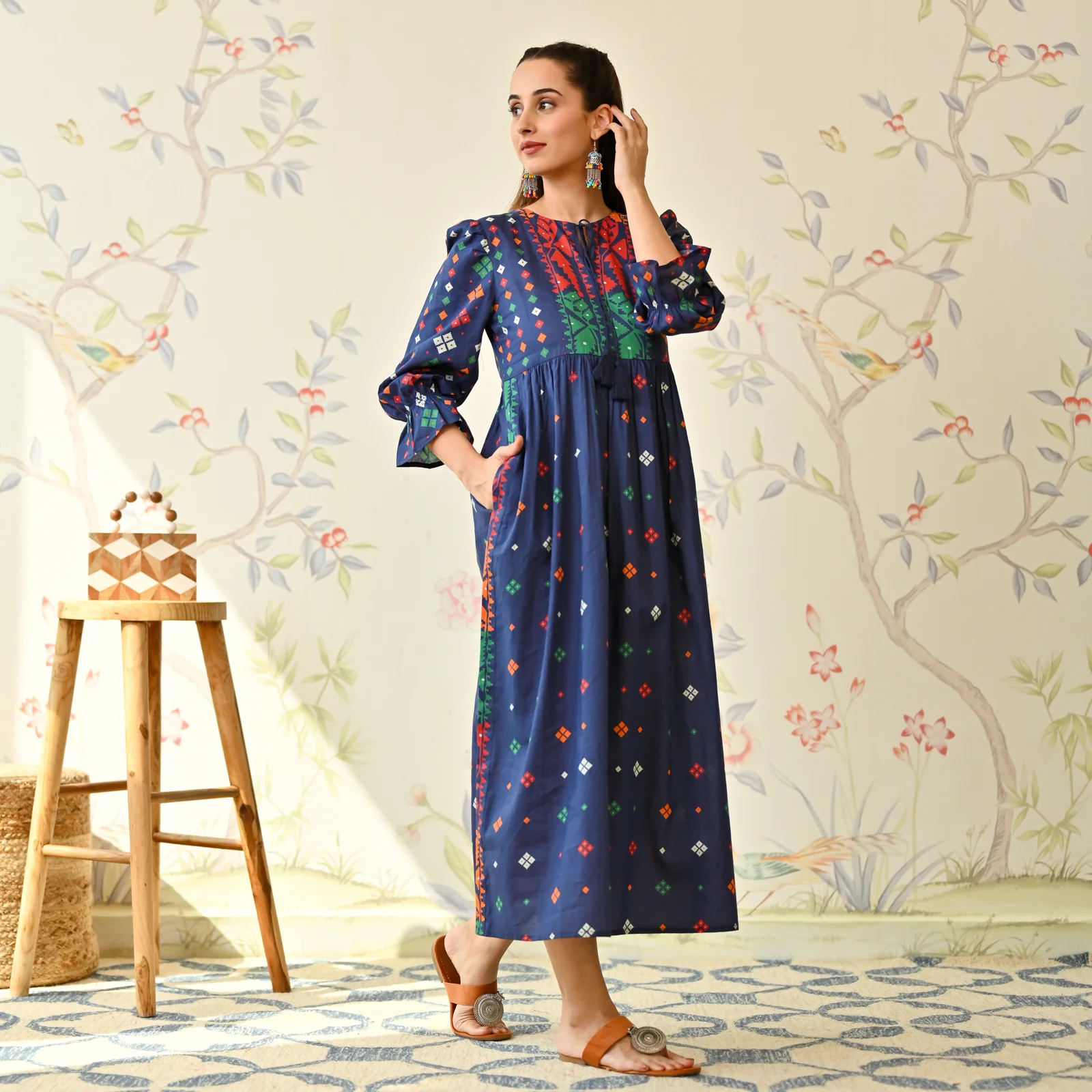 Navy Blue Jamdani Inspired Cotton Dress with Front Tie Up Detail - Image 4