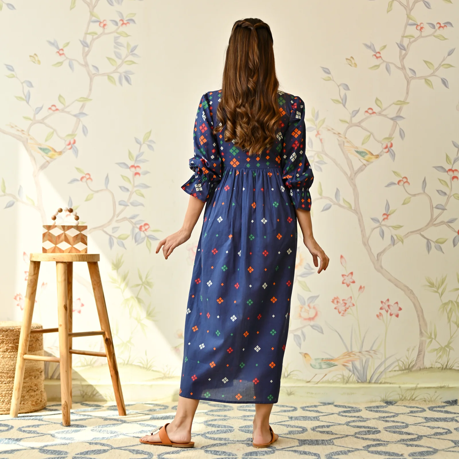 Navy Blue Jamdani Inspired Cotton Dress with Front Tie Up Detail - Image 5