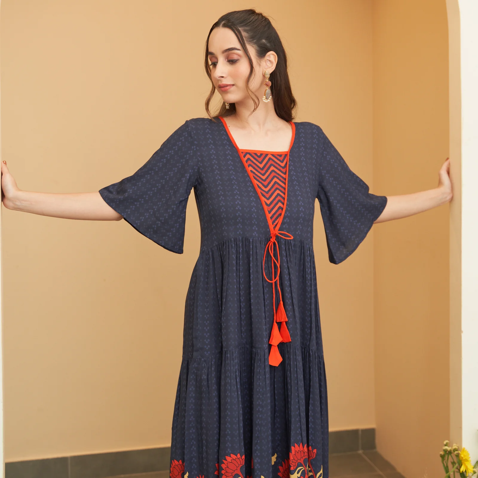 Navy Blue V Neck Floral Tiered Dress - Image 3