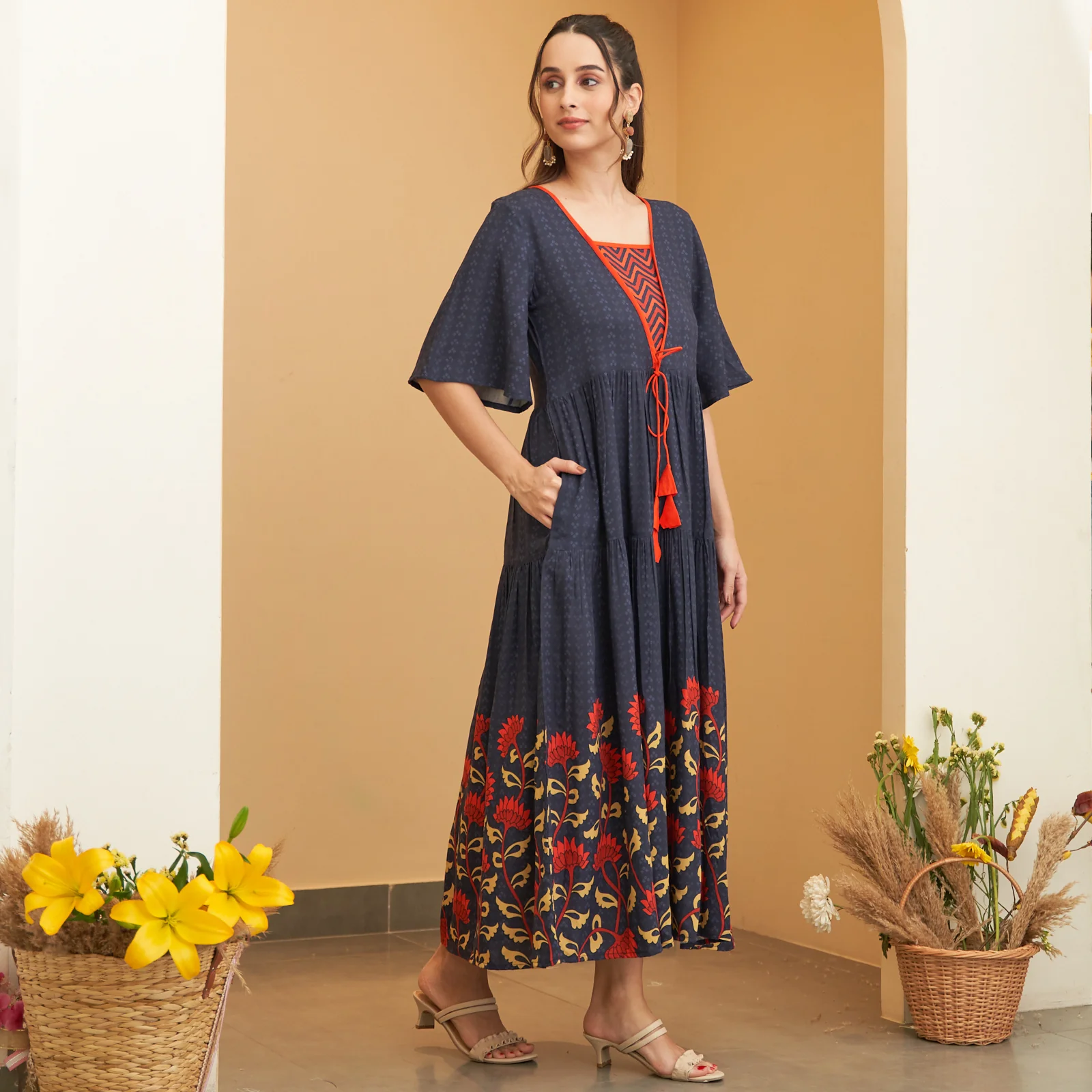 Navy Blue V Neck Floral Tiered Dress - Image 4