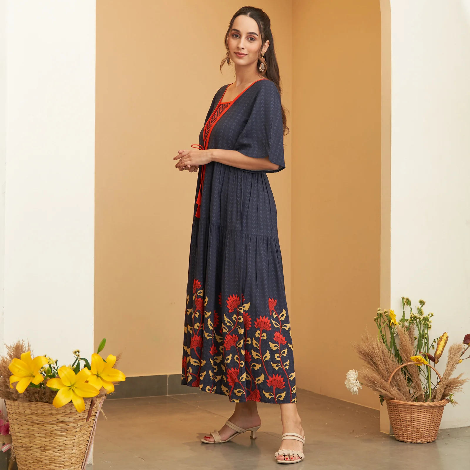 Navy Blue V Neck Floral Tiered Dress - Image 5