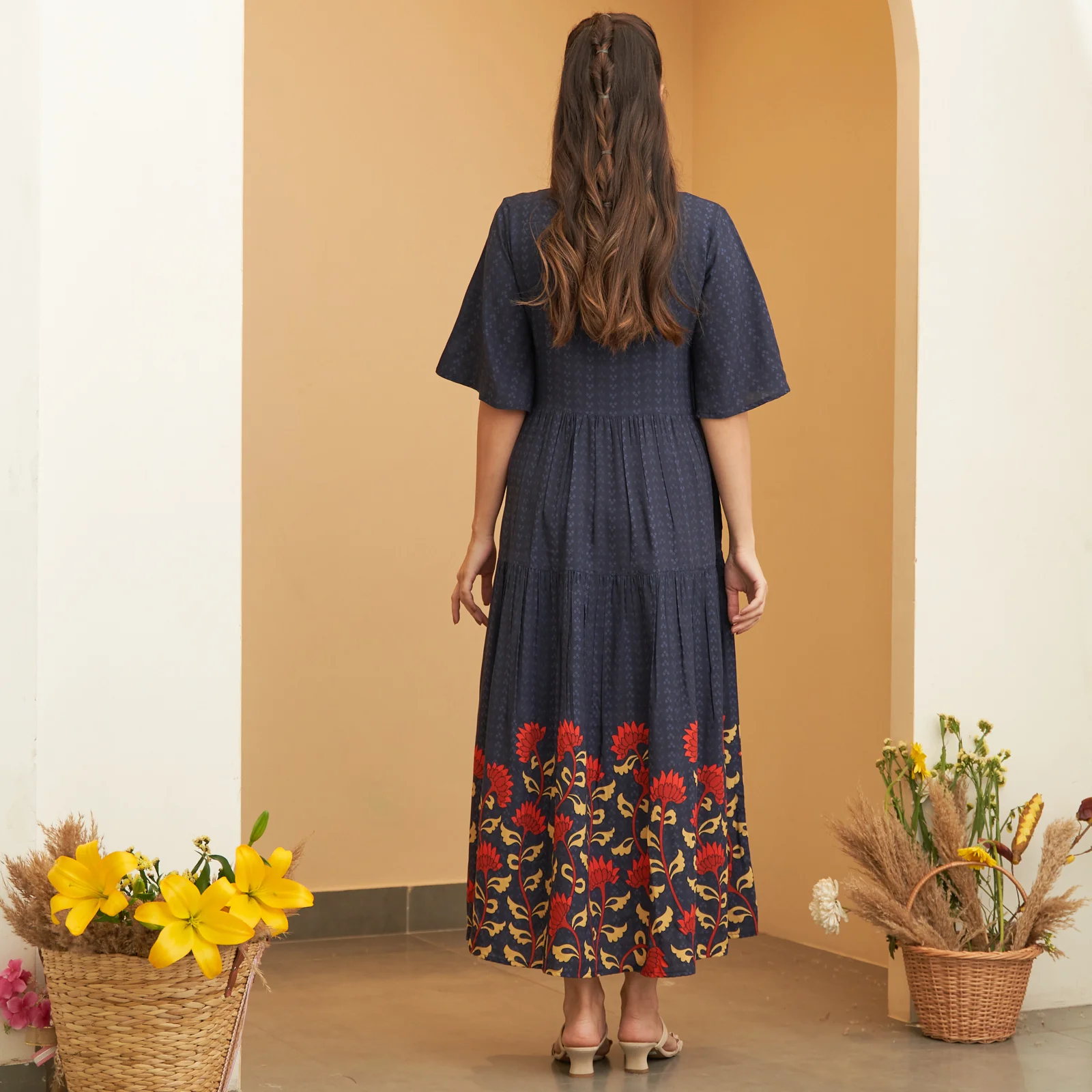 Navy Blue V Neck Floral Tiered Dress - Image 6