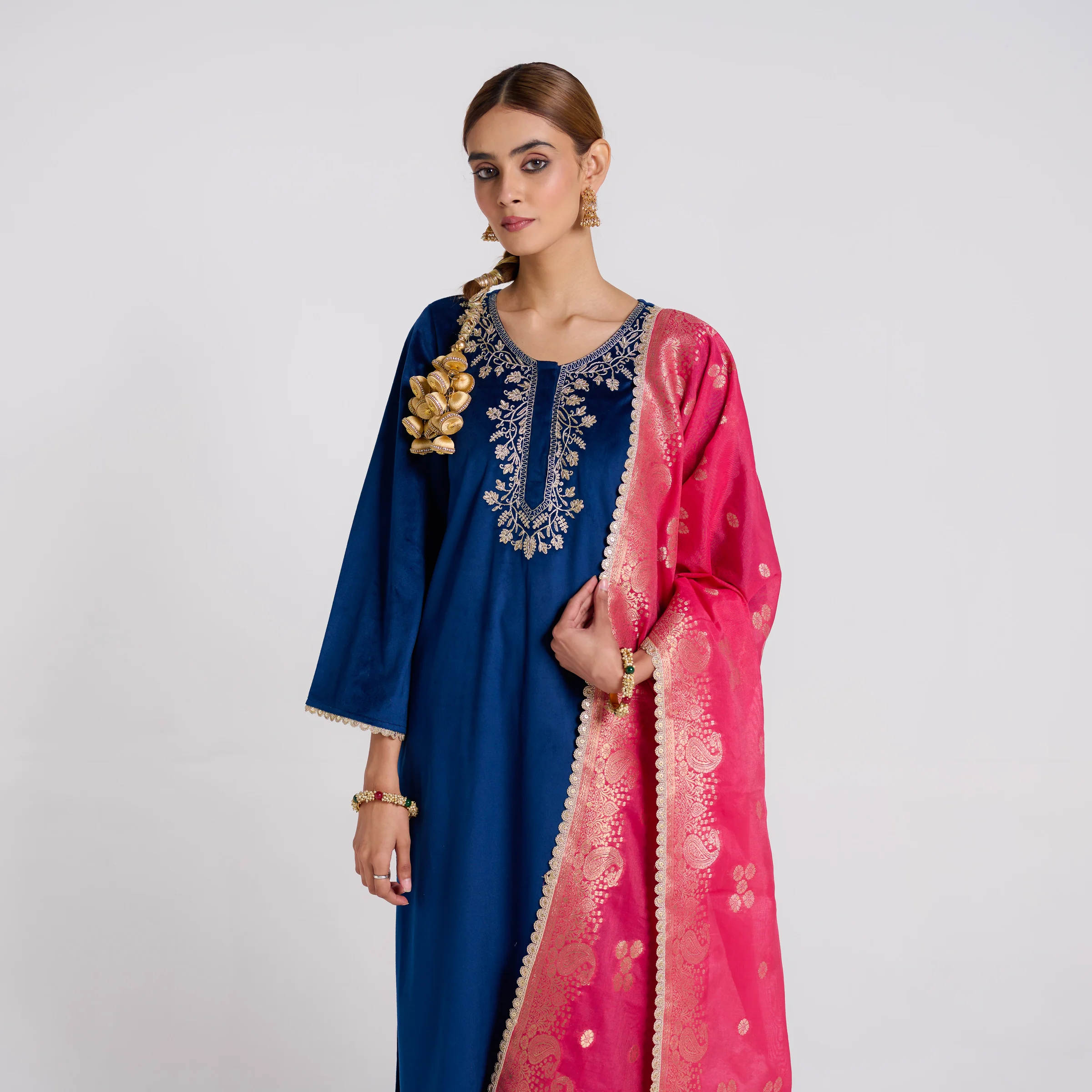 Navy Embroidered Noor Velvet Set with Brocade Dupatta - Image 3