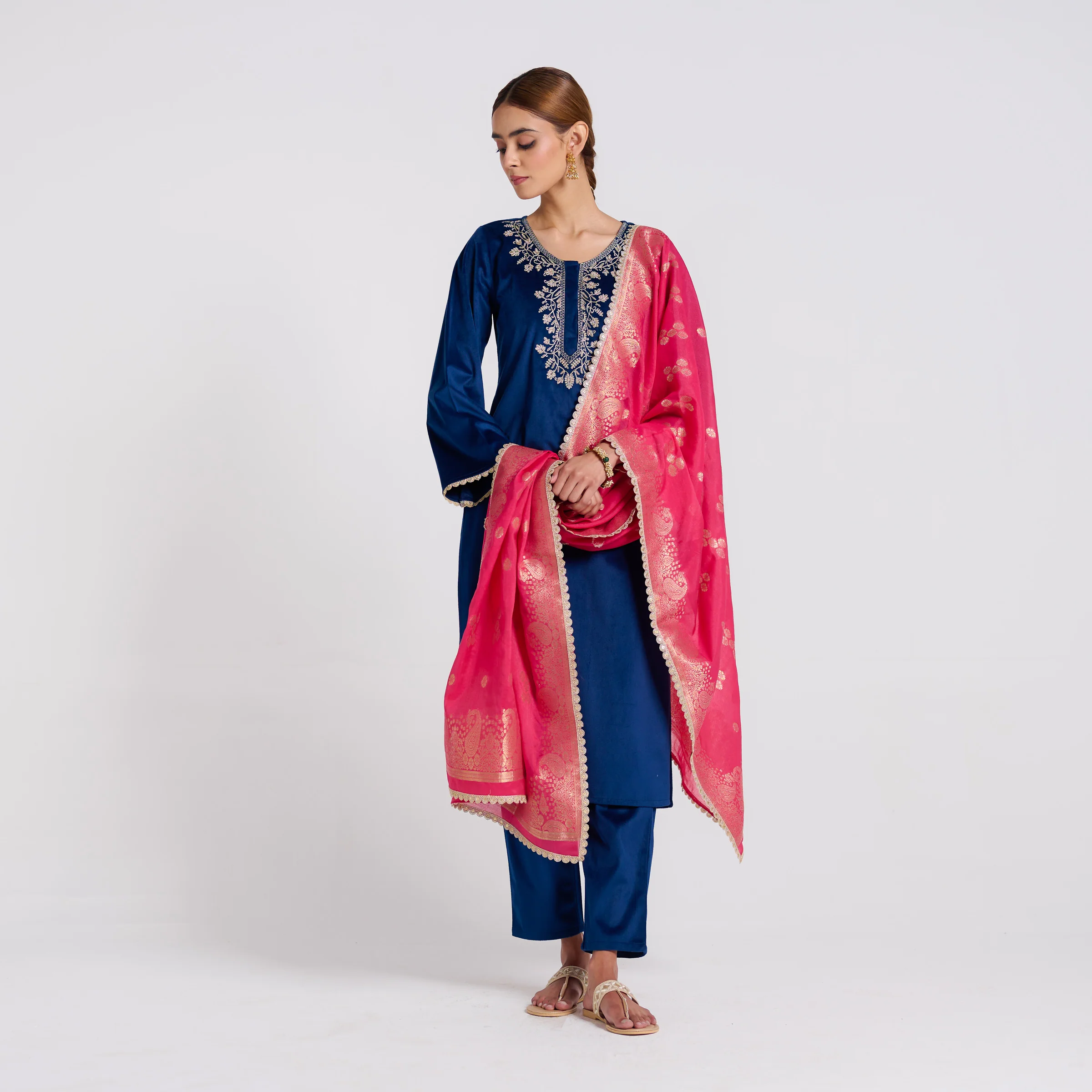 Navy Embroidered Noor Velvet Set with Brocade Dupatta - Image 6
