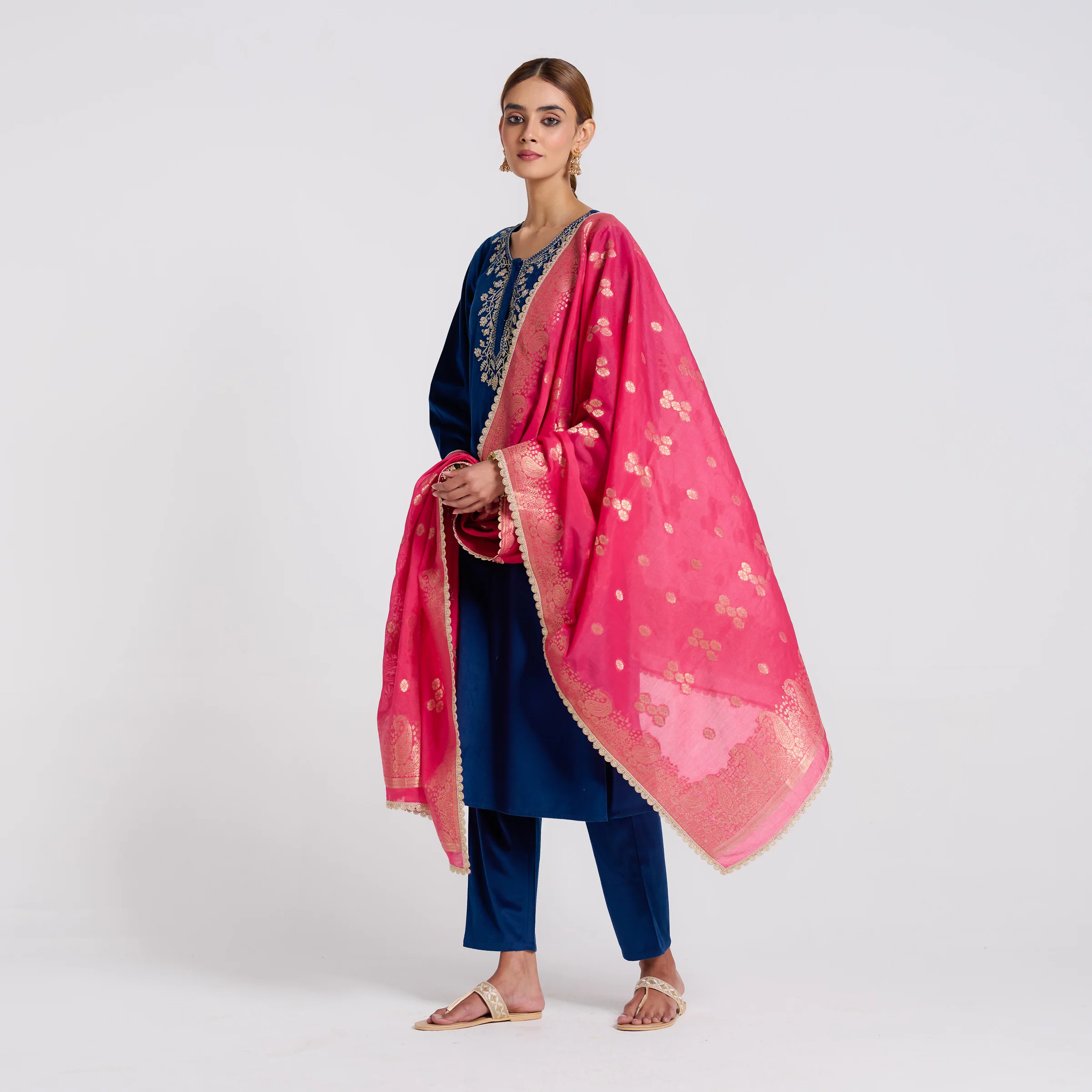 Navy Embroidered Noor Velvet Set with Brocade Dupatta - Image 7