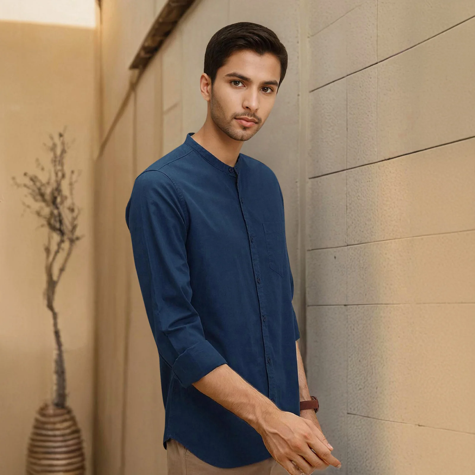 Navy Mandarin Collar Solid Linen Cotton Shirt for Men - Image 2