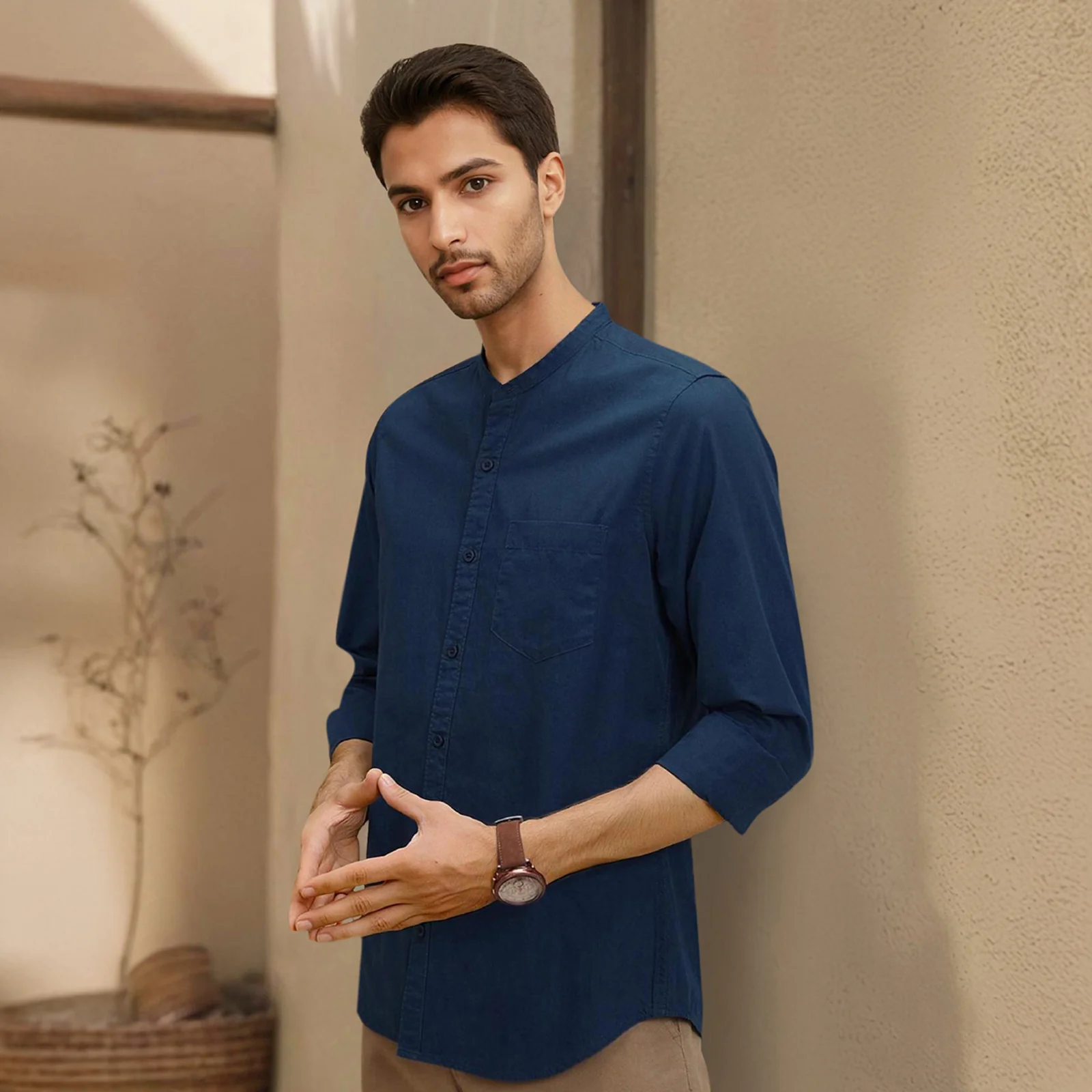 Navy Mandarin Collar Solid Linen Cotton Shirt for Men - Image 3
