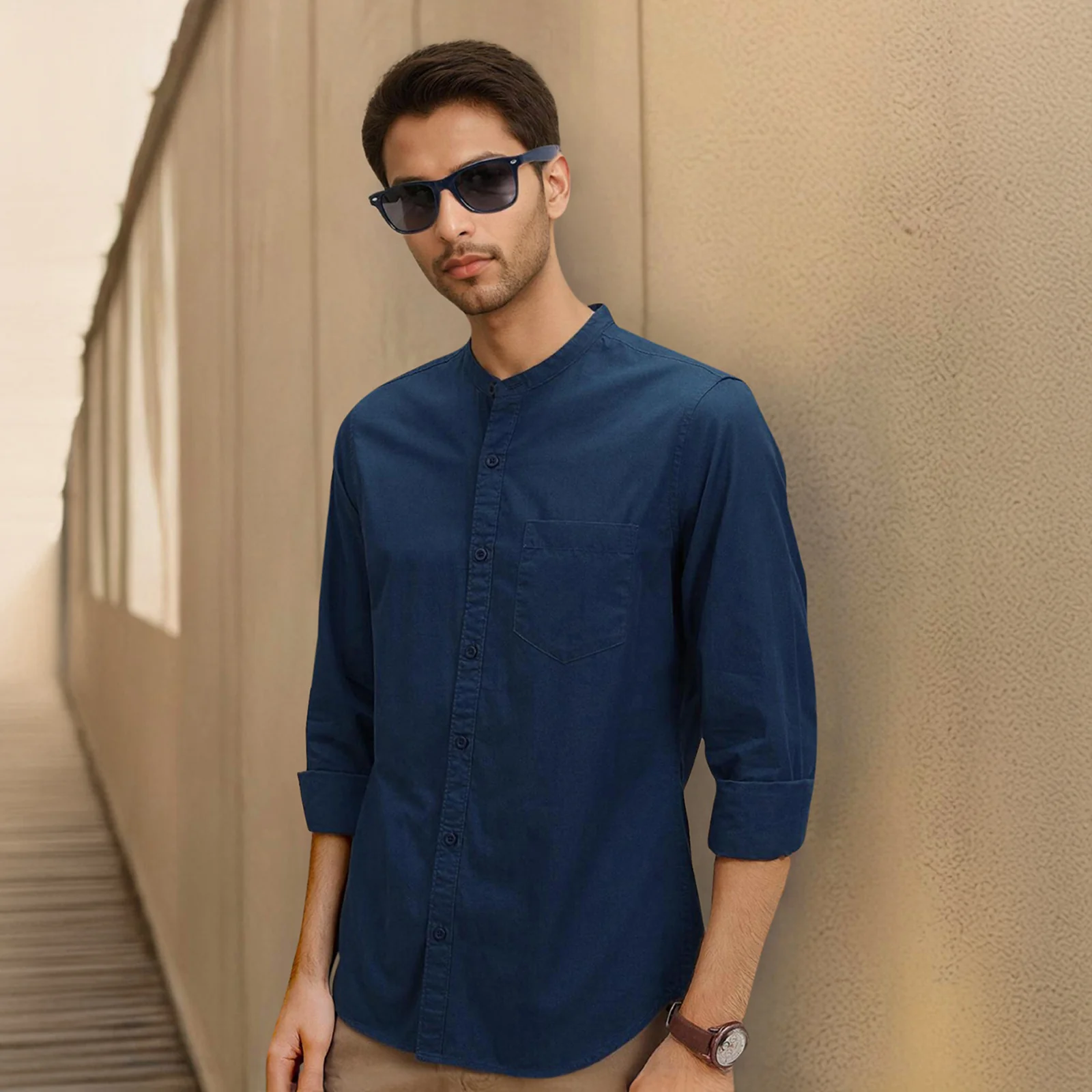 Navy Mandarin Collar Solid Linen Cotton Shirt for Men - Image 4