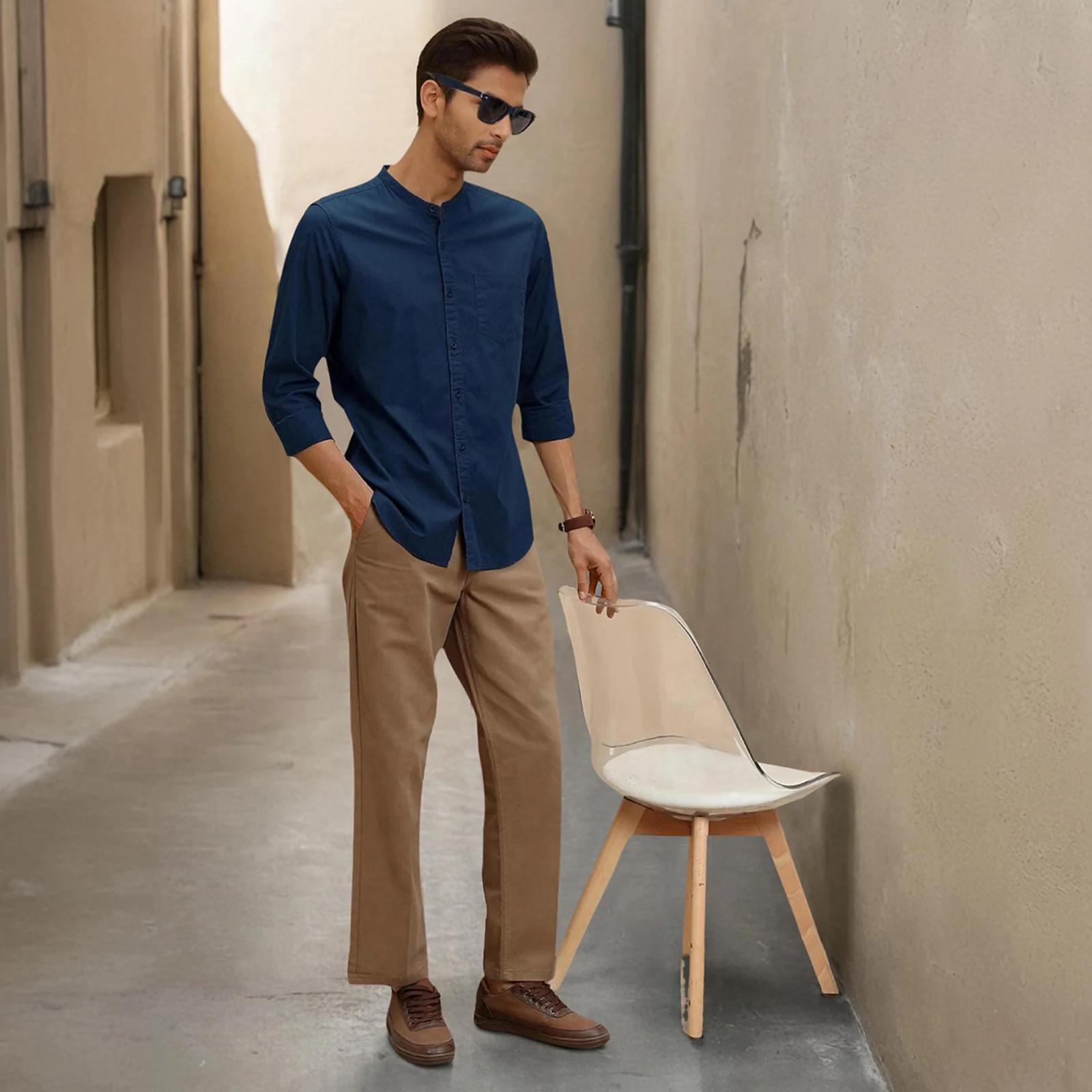 Navy Mandarin Collar Solid Linen Cotton Shirt for Men - Image 5