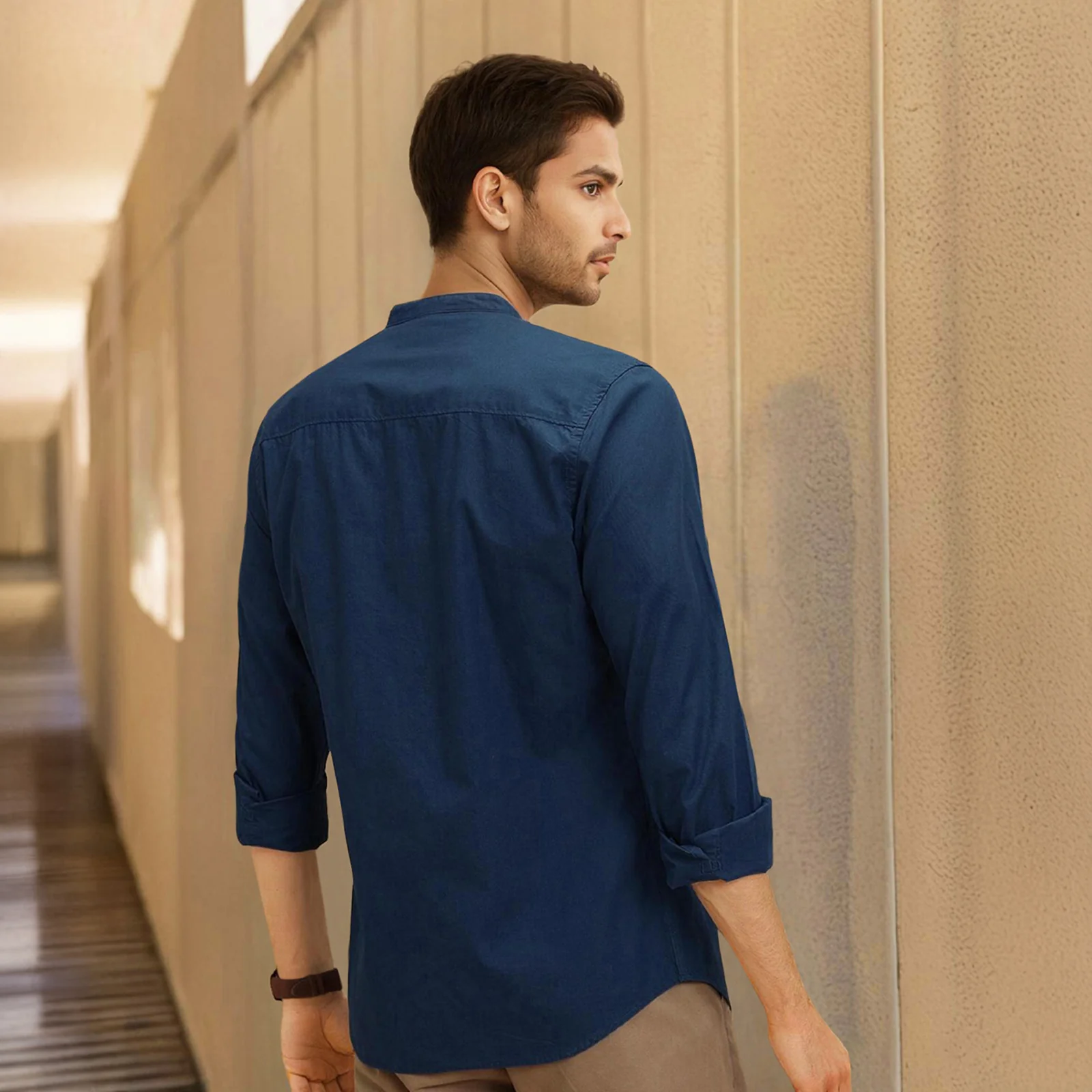 Navy Mandarin Collar Solid Linen Cotton Shirt for Men - Image 6