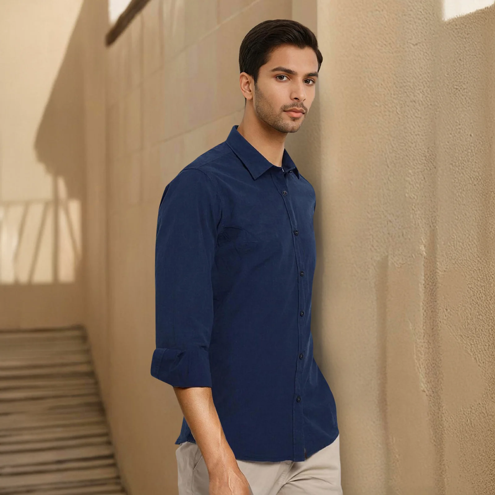 Navy Solid Linen Cotton Shirt for Men - Image 3