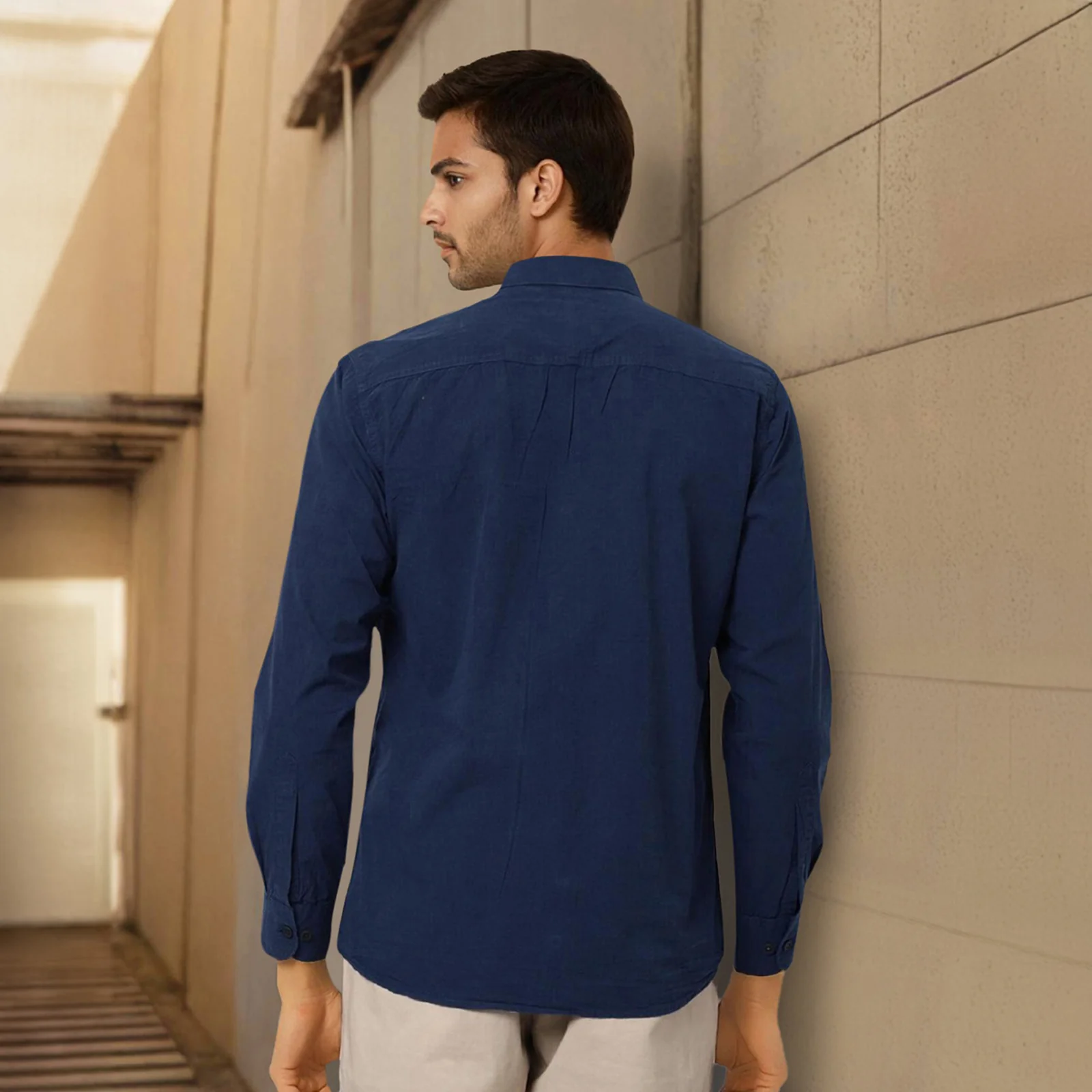 Navy Solid Linen Cotton Shirt for Men - Image 5
