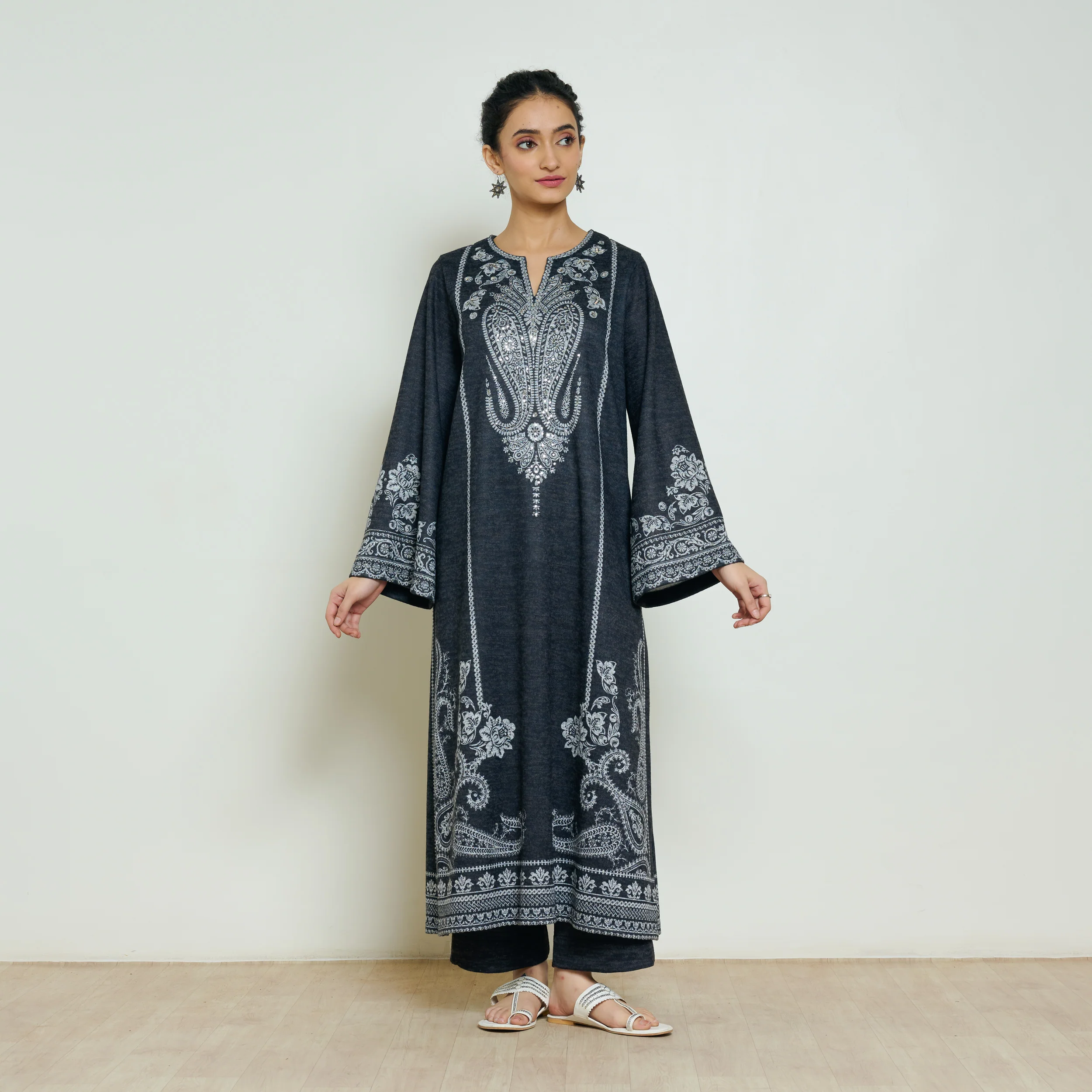 Nura Hand Embroidered Woollen Long Kurta - Black