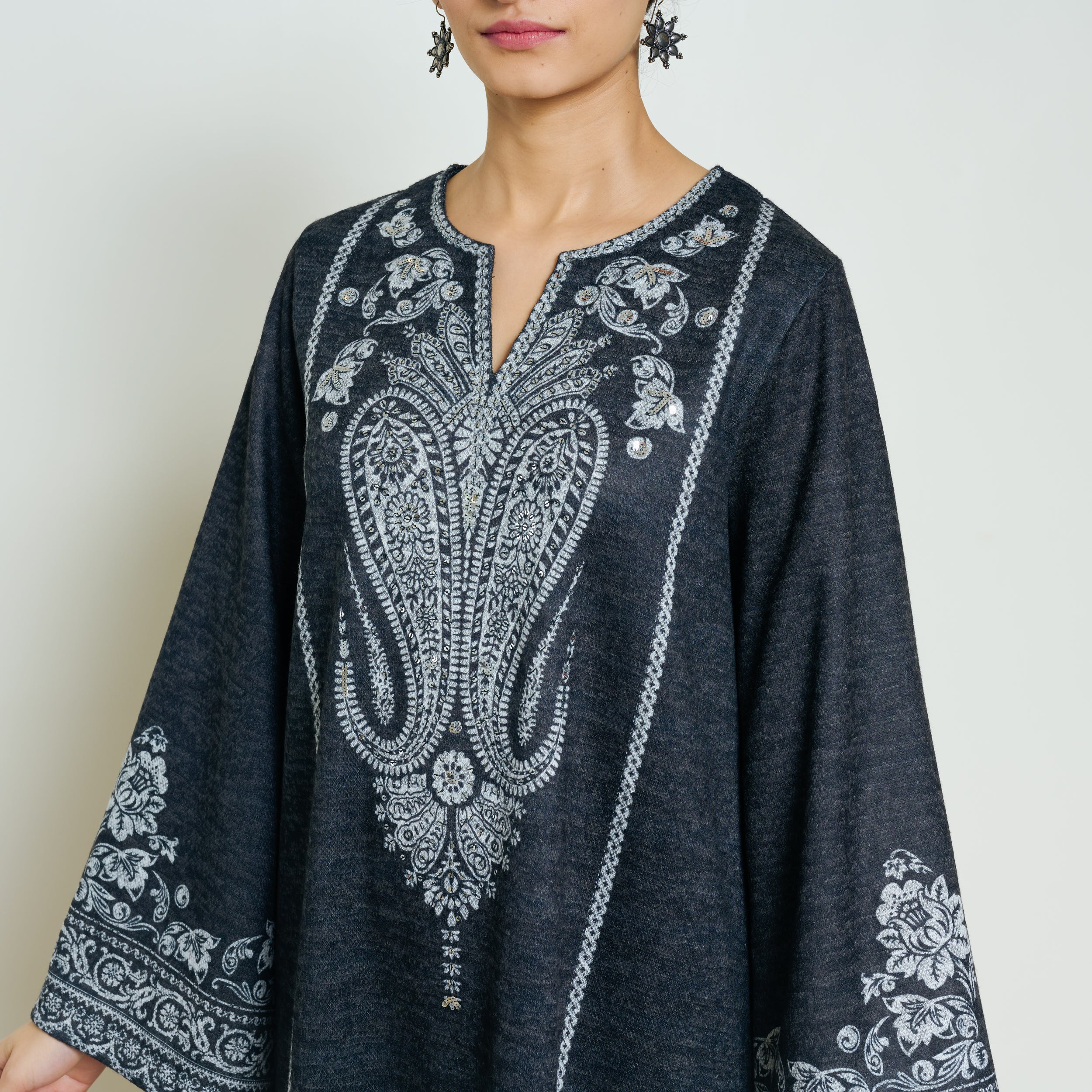Nura Hand Embroidered Woollen Long Kurta - Black - Image 2