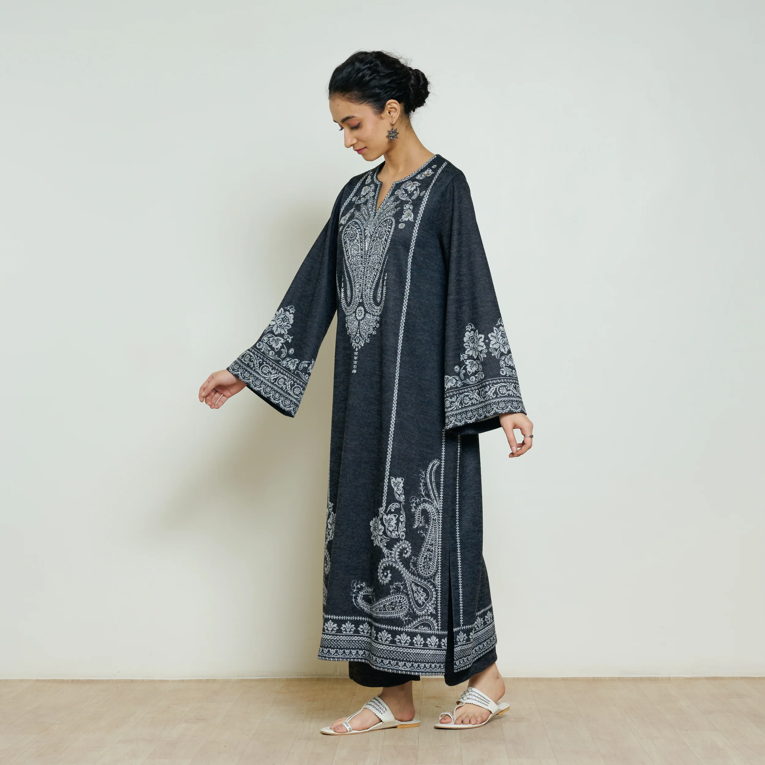 Nura Hand Embroidered Woollen Long Kurta - Black - Image 3