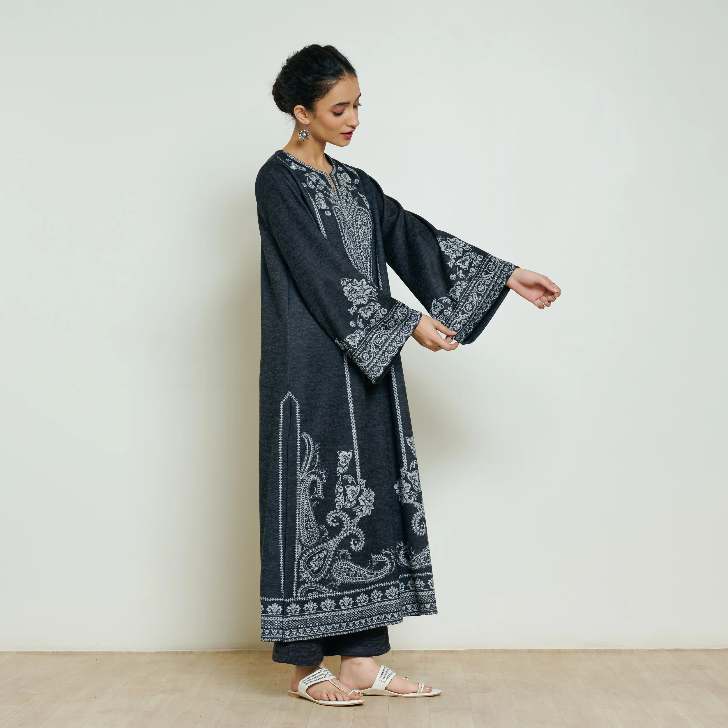 Nura Hand Embroidered Woollen Long Kurta - Black - Image 5
