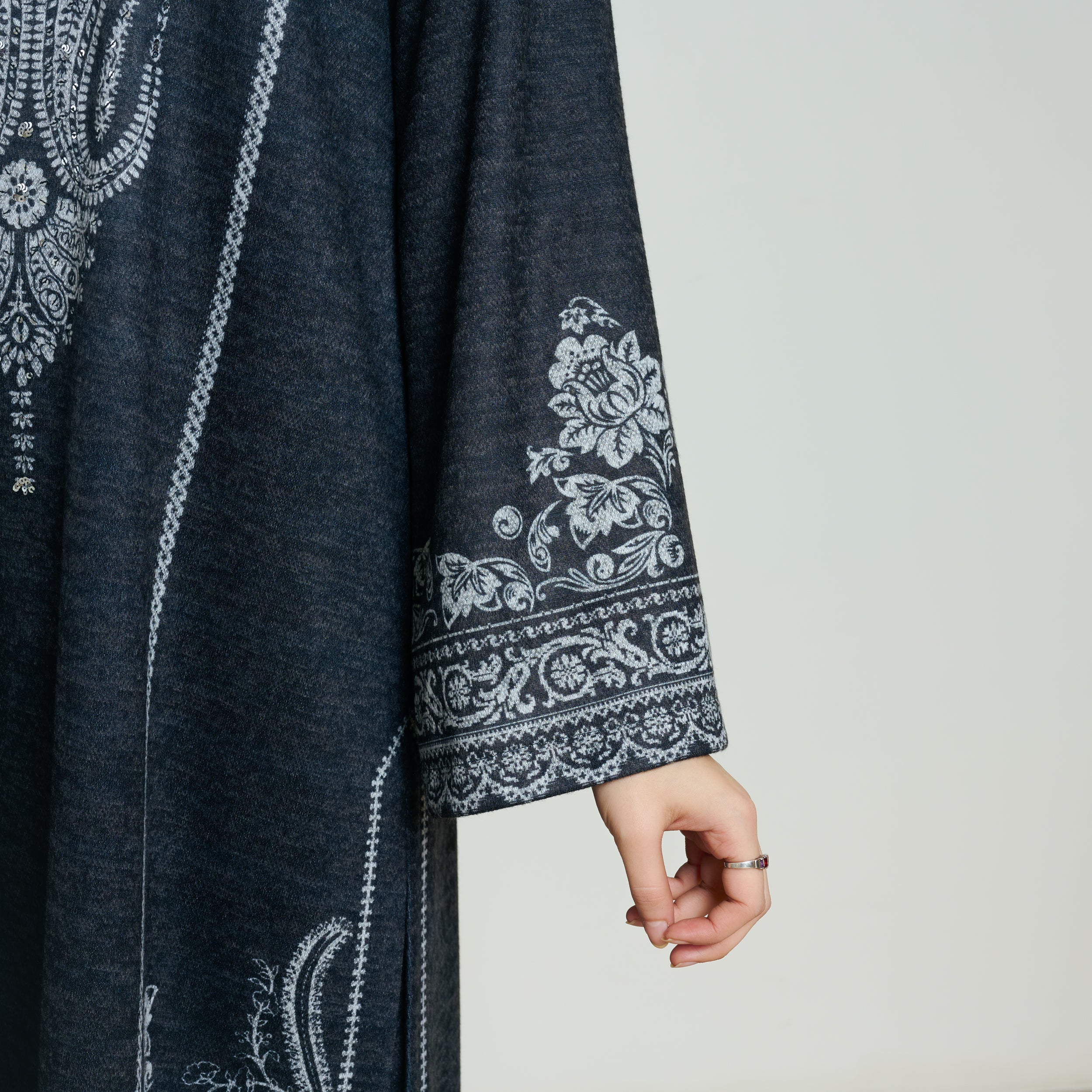 Nura Hand Embroidered Woollen Long Kurta - Black - Image 6