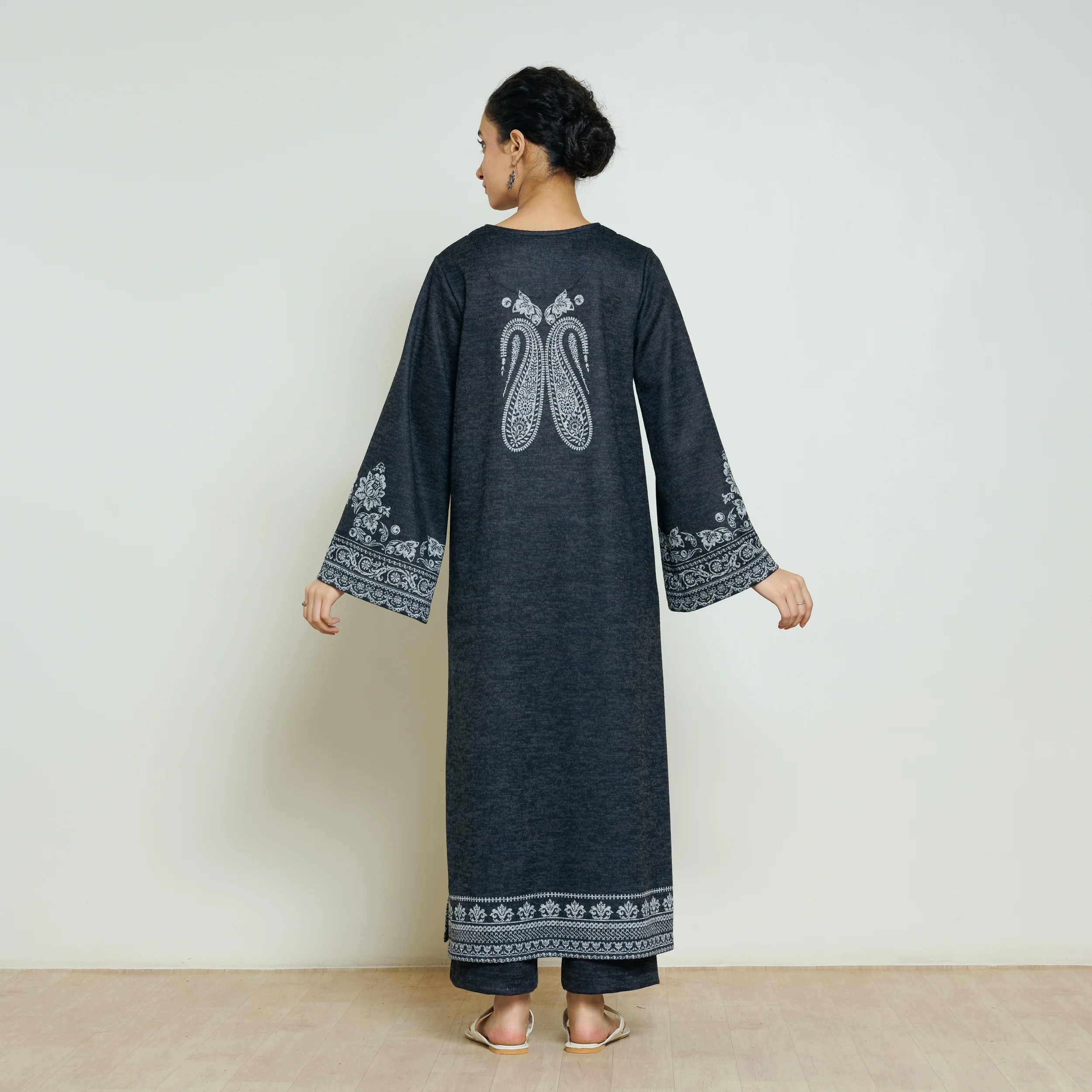 Nura Hand Embroidered Woollen Long Kurta - Black - Image 7