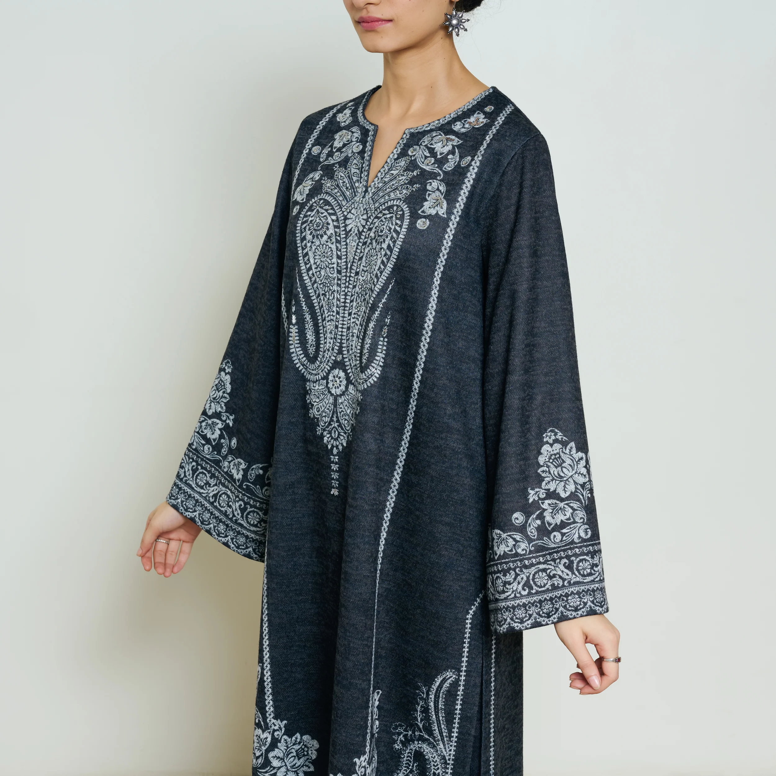 Nura Hand Embroidered Woollen Long Kurta - Black - Image 8