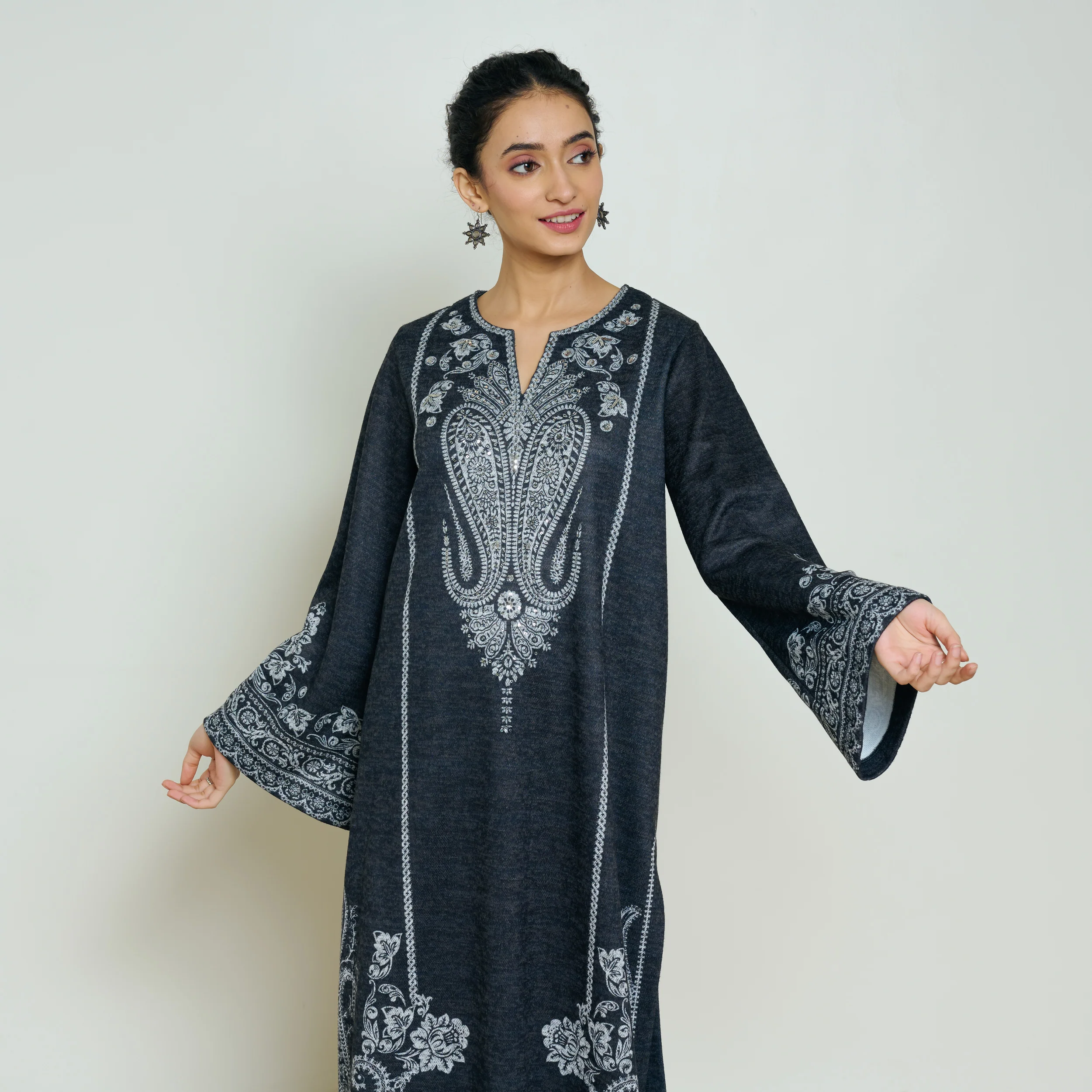 Nura Hand Embroidered Woollen Long Kurta - Black - Image 9