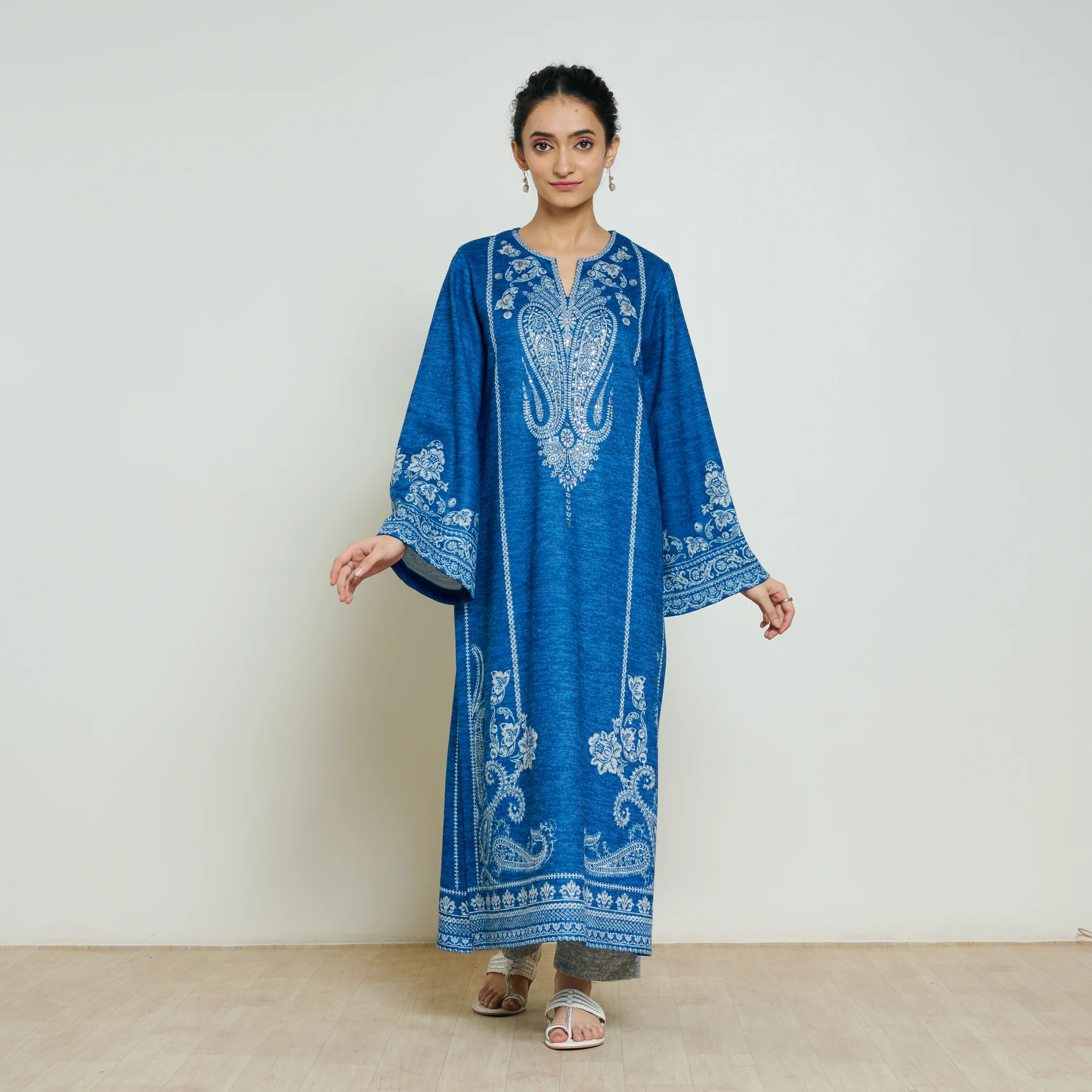 Nura Hand Embroidered Woollen Long Kurta - Electric Blue - Image 3